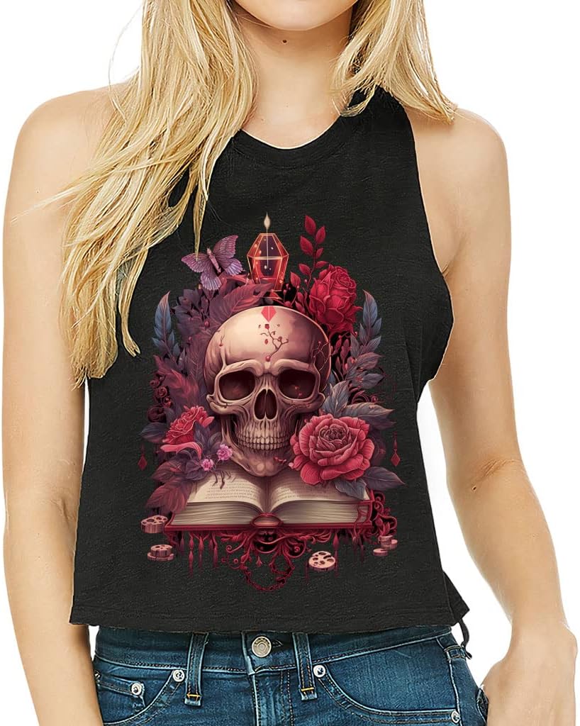 Floral Skull Print Racerback Cropped Tank - Graphic Art Women's Tank - Cool Tank Top - Black, 2XL