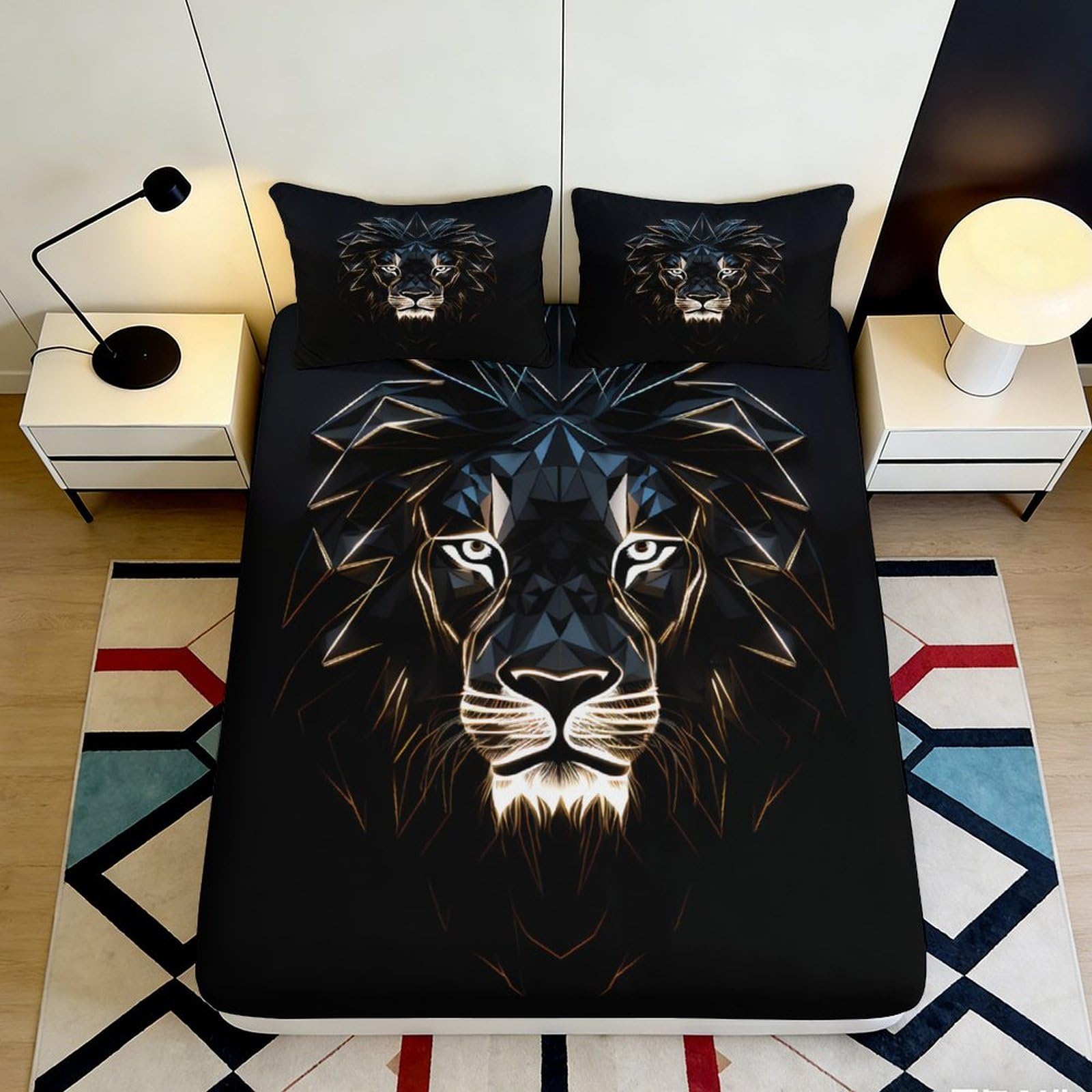 Pnayamiorkfel Style-2 3D Printed Geometric Lion Fitted Sheet Microfiber Black Animal Bed Cover For Bedroom Guest Room Dorm Decor Mattress Protection 90X200x25cm
