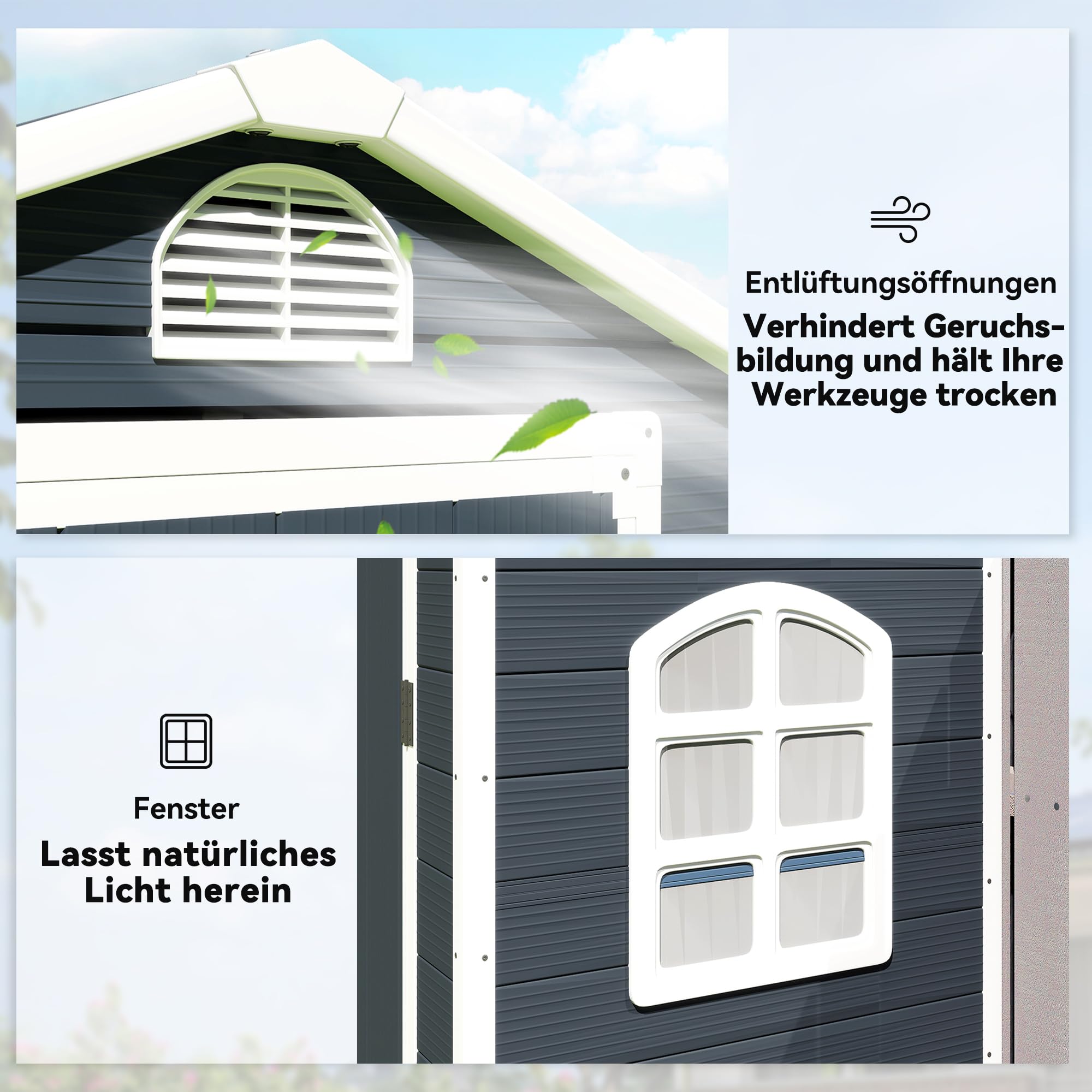 Outsunny Gerätehaus 1,1m² mit Satteldach 134 x 104 x 204 cm Dunkelgrau | Kunststoff Geräteschuppen mitAbschließbare Tür, Belüftungsöffnung, Fenster, Gartenchuppen für Garten