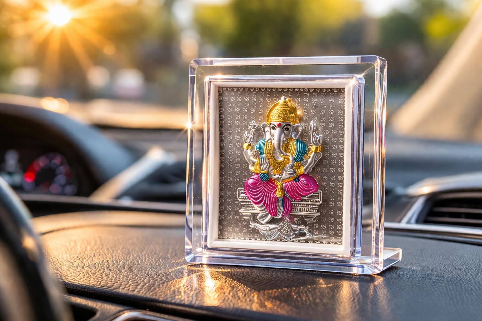 999 Pure Silver Ganesha Photo Stand in Clear Acrylic Case | Small