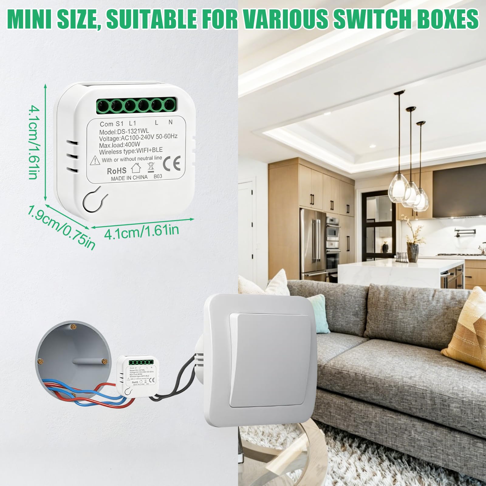 WiFi Interruptor Módulo Sin Neutro,Inteligente Interruptor, Smart Switch | Inteligente Luz Interruptor Sin Neutro Compatible con Alexa & Google Assistant, Mini Smart Switch WIFI con Tuya y Smart Life