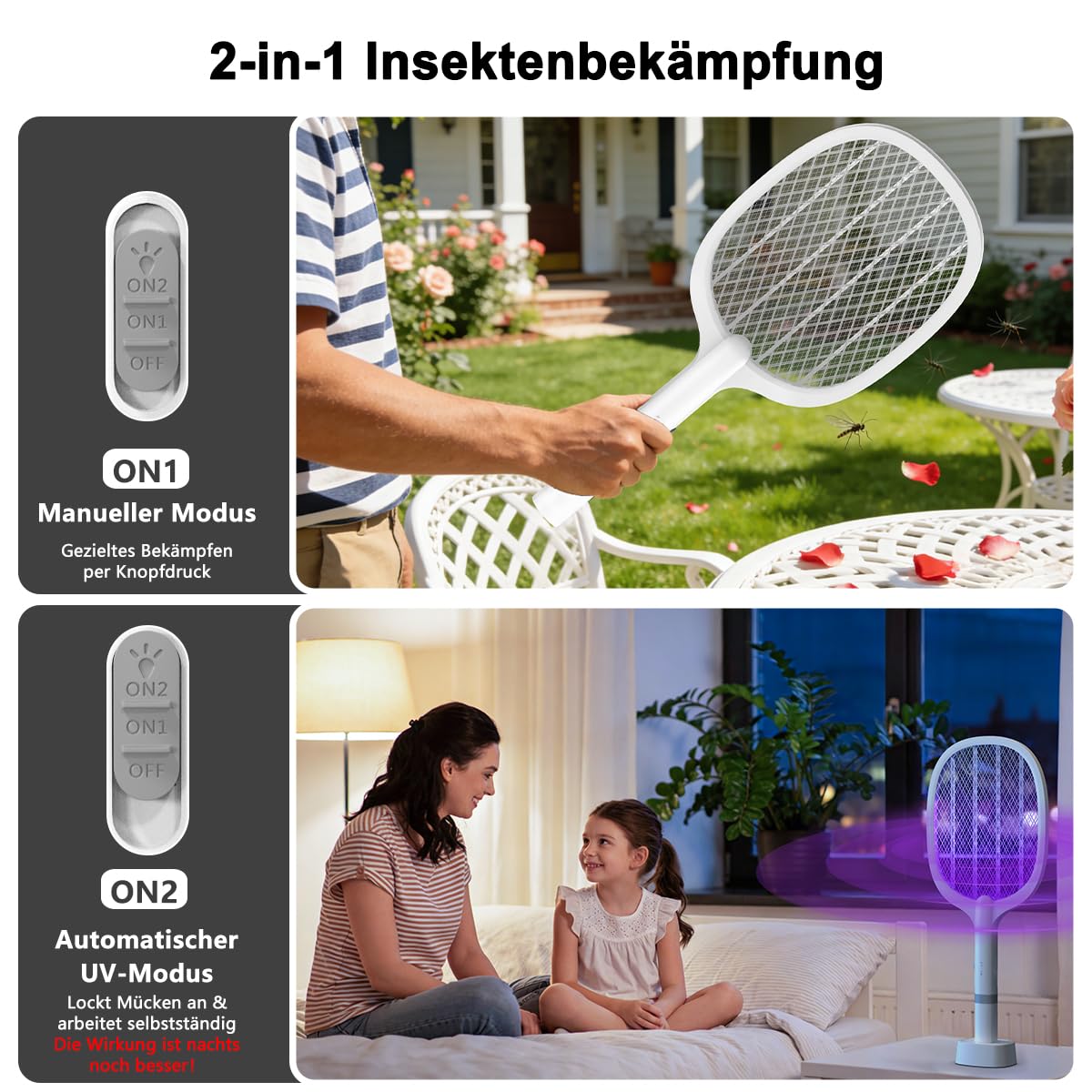 Raquette Electrique Insectes 5000V 2000mAh Anti Moustique UV USB-C Rechargeable 2 en 1 Intérieur Extérieur