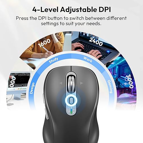 Miniatura 4 de Ratón Bluetooth inalámbrico, recargable portátil, multidispositivo, DPI de 4 niveles, receptor USB-A y dos Bluetooth, multisistema, desplazamiento