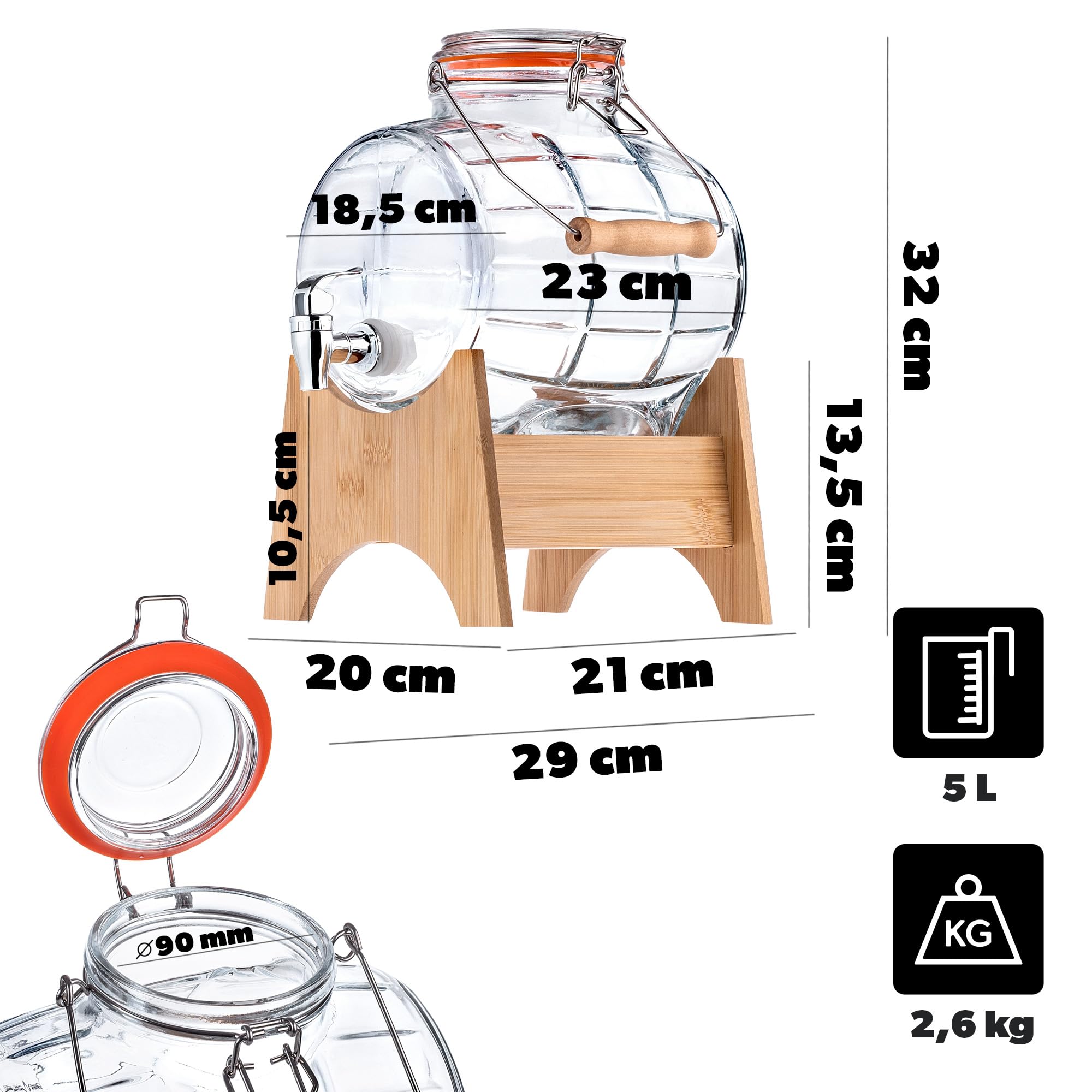 KADAX Barril de 5 litros con grifo y dispensador de bebidas transparente con base de madera