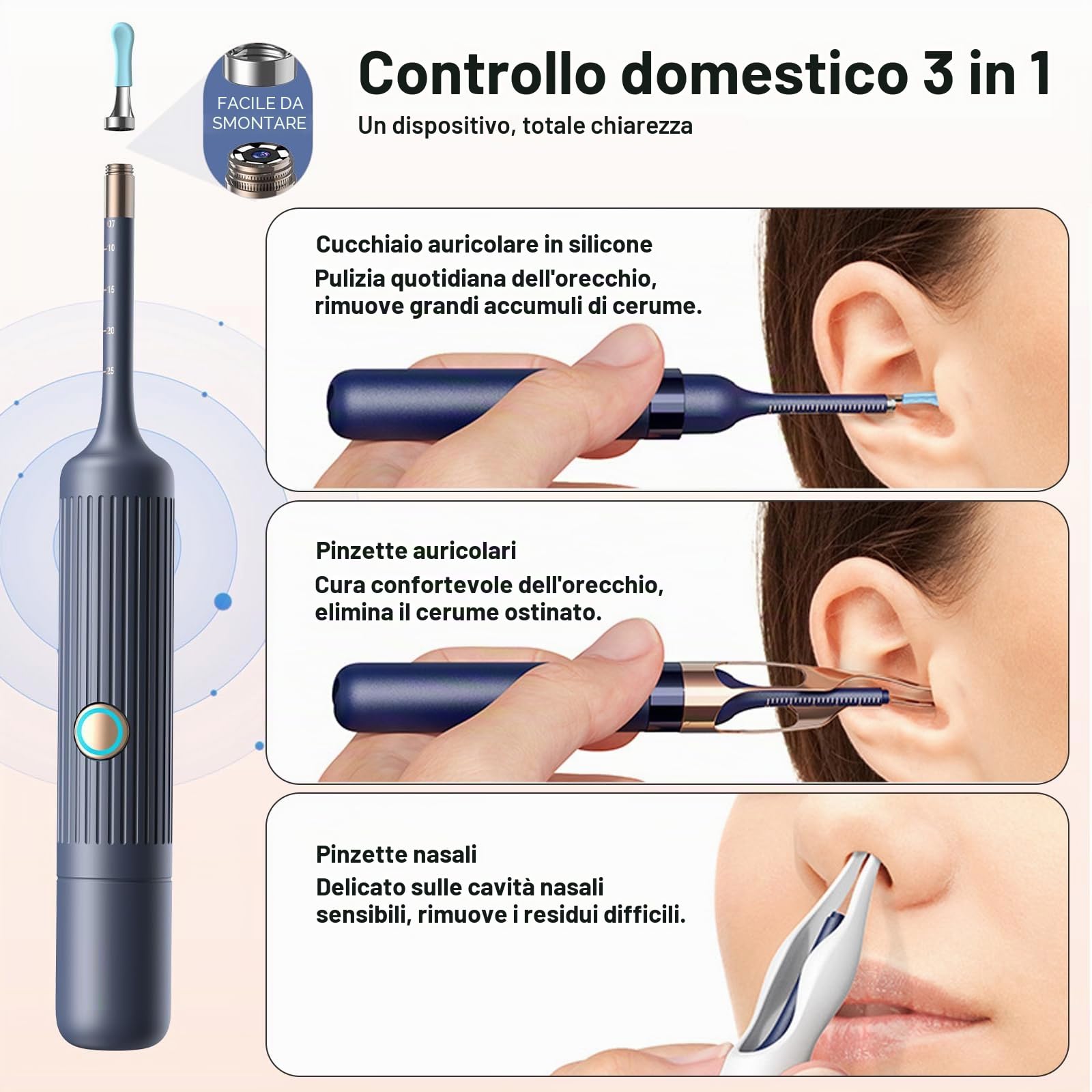 Pulitore Orecchie con Telecamera 1296P HD – Otoscopio WiFi con 6 LED, Vista 360°, per Esame Orecchio Naso Gola, Kit Strumenti Completo (IP67 impermeabile)