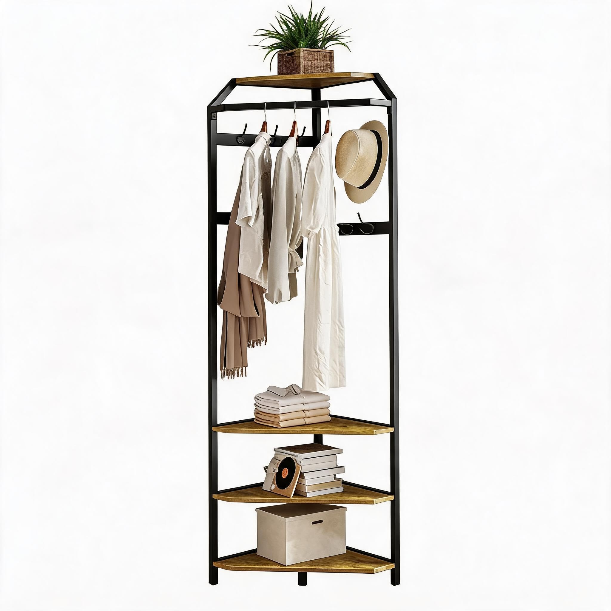 Cachpib Metal Coat Stand Corner Hall Tree Clothing Rack with Hooks, Shelves