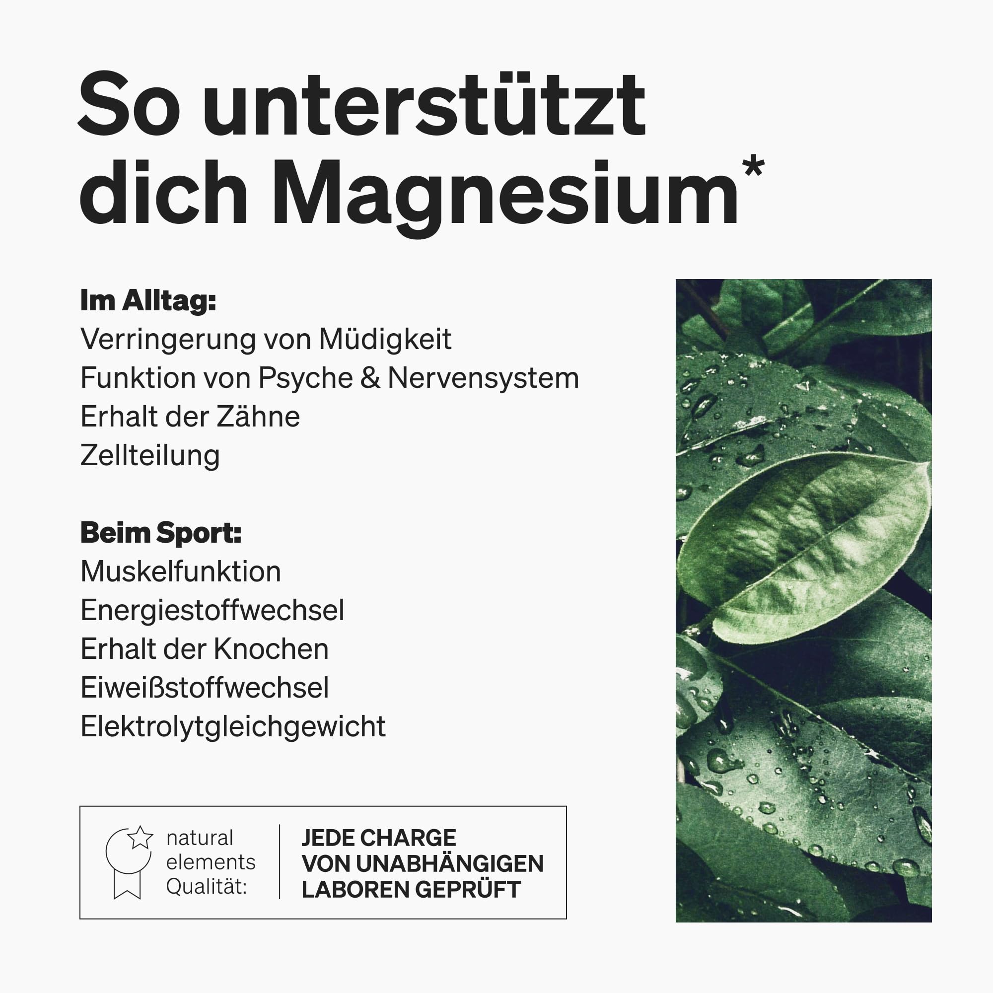 natural elements Magnesium Komplex - Premium: Aus 5 hochwertigen Verbindungen - 400mg elementares Magnesium pro Tagesdosis - Laborgeprüft, vegan, hochdosiert