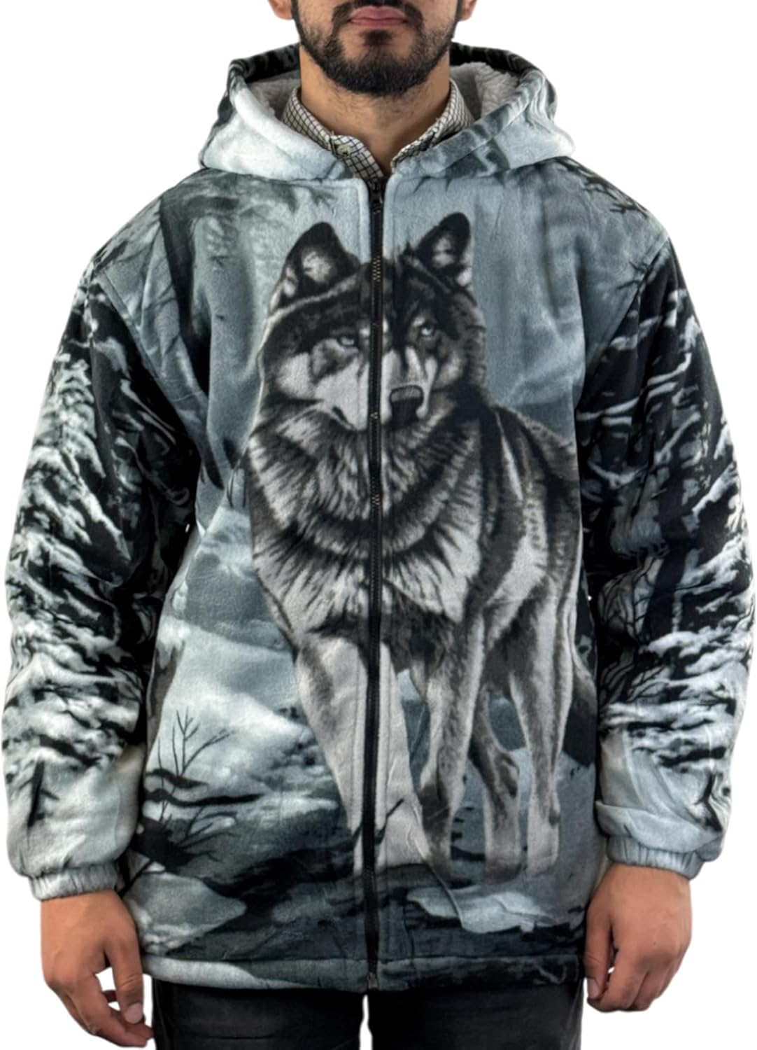 Adults Unisex Animal Print Sherpa Fleece Jacket - Wolf Dog Hooded Zip Coat
