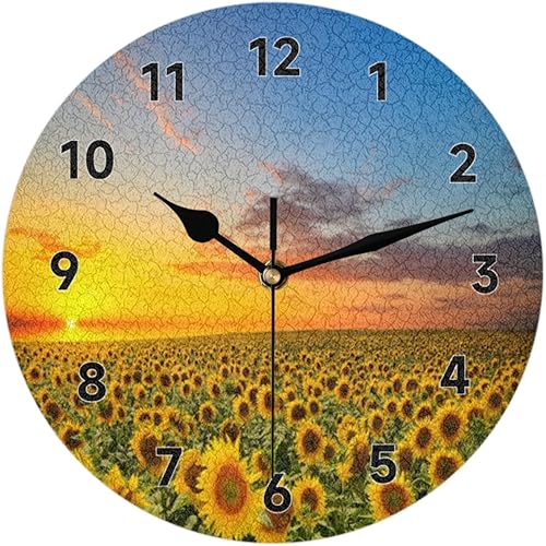 bisibuy Field of Blooming Sunflowers - Reloj de pared redondo decorativo de 12 pulgadas con diseño de atardecer, moderno, funciona con pilas, para