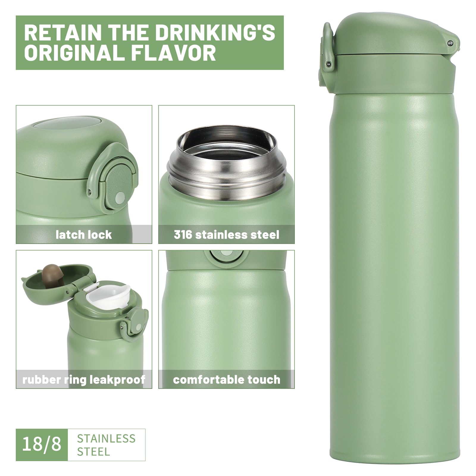 Botella de agua aislada de 500 ml, taza térmica de viaje de acero inoxidable, taza térmica con tapa abatible a presión, sin BPA para beber caliente y frío, verde