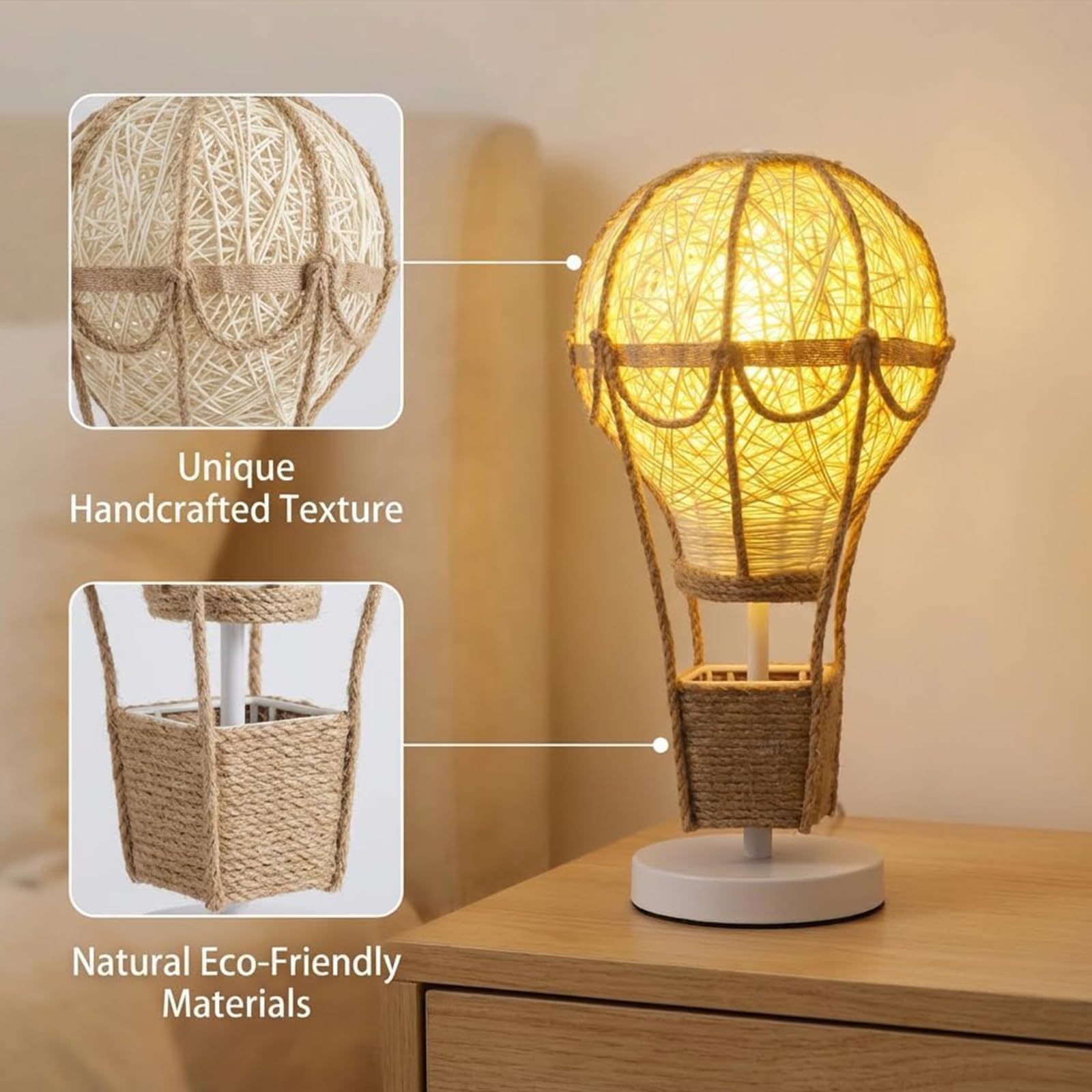 Lampada a Mongolfiera in Rattan e Canapa, Luce Calda Diffusa, Decorazione Boho Unica e Romantica per Camera e Soggiorno