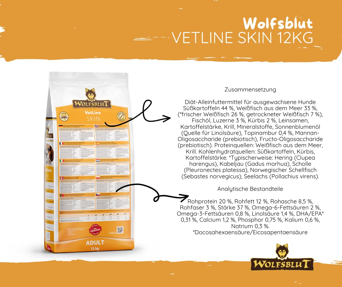Wolfsblut Vetline Hundefutter - Skin & Coat, 2x12kg - Sparbundel, Sparpaket - inklusive Warnicks Tierfutterservice Hundesnack Goodie