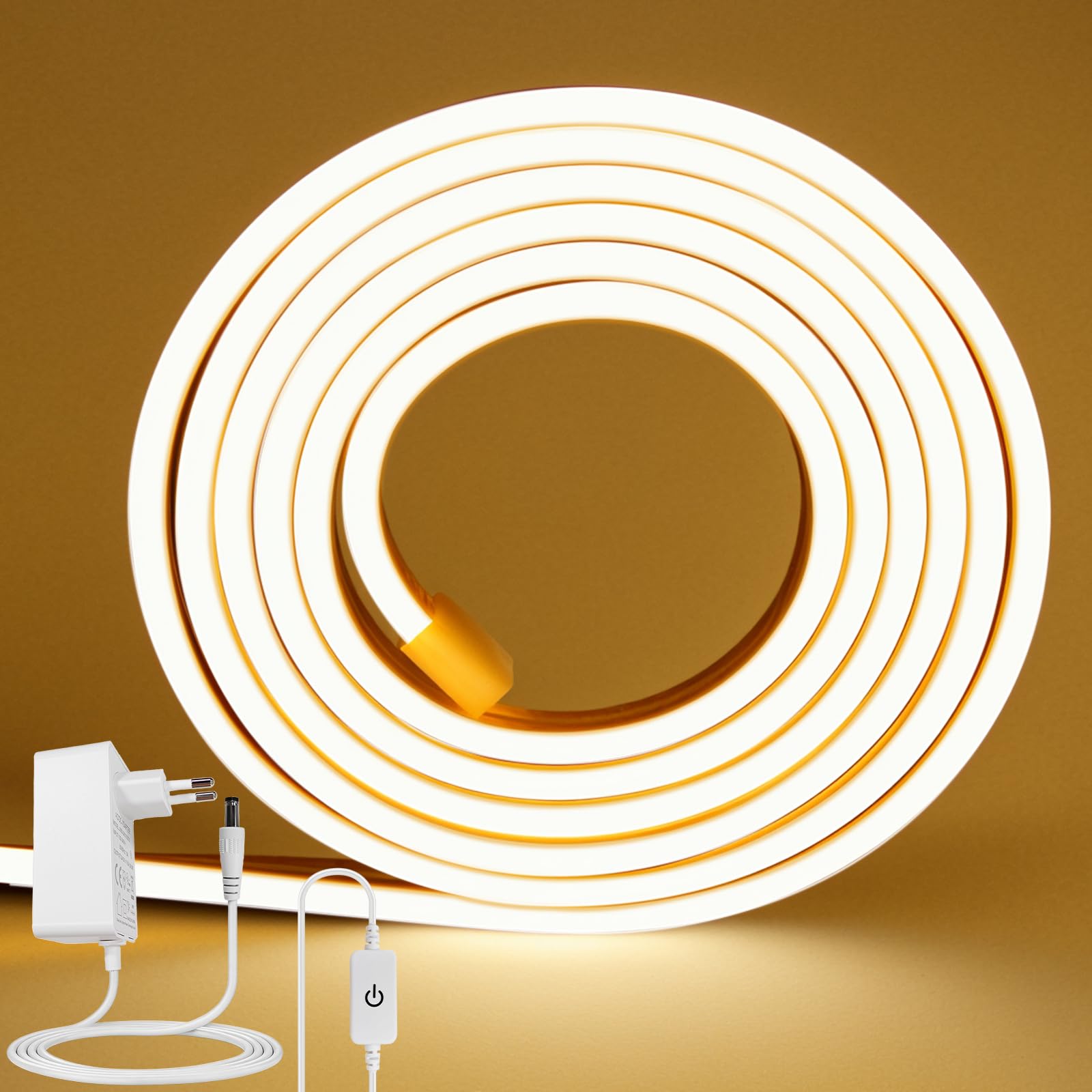 Neonowa taśma LED 10 m ze ściemniaczem, ciepła biel, 1200 diod LED, neonowa taśma świetlna LED, DIY, krawiectwo, elastyczna, z zasilaczem sieciowym 24 V, do kuchni, sypialni, oświetlenia