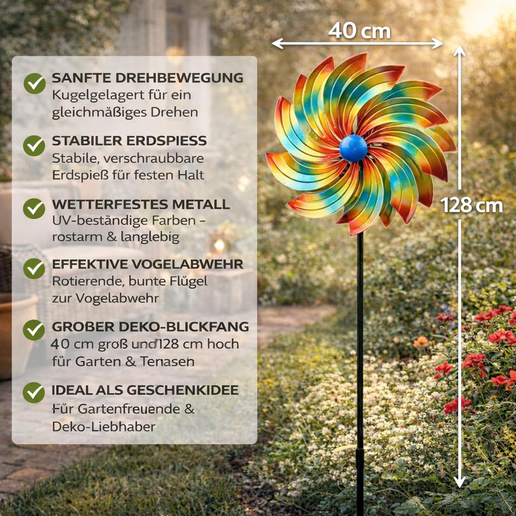 formano Molinillo de viento de metal para jardín, con rodamiento de bolas, diámetro de 40/128 cm, molino de viento, con estaca, resistente a la intemperie, decoración de jardín para arriates, césped y