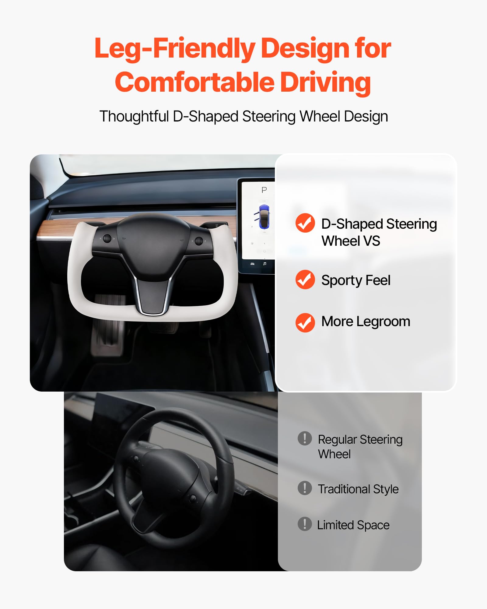 VEVOR Volant Compatible avec Tesla Model 3 (2016-2023), Volant de Direction en Fibre de Carbone, Forme en D, Méplat avec Fonction Chauffante, Poignée en Cuir avec Texture Antidérapante, Blanc