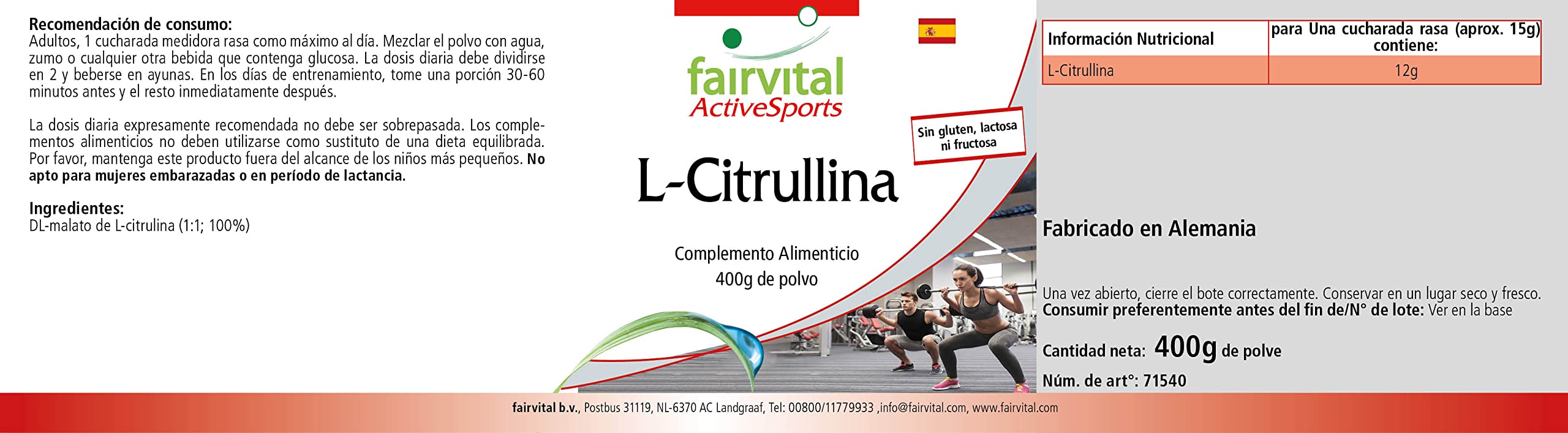 fairvital L-citrulline malate en poudre, 400 g, HAUTEMENT DOSÉE, L-citrulline DL-malate, 100% pure sans additifs