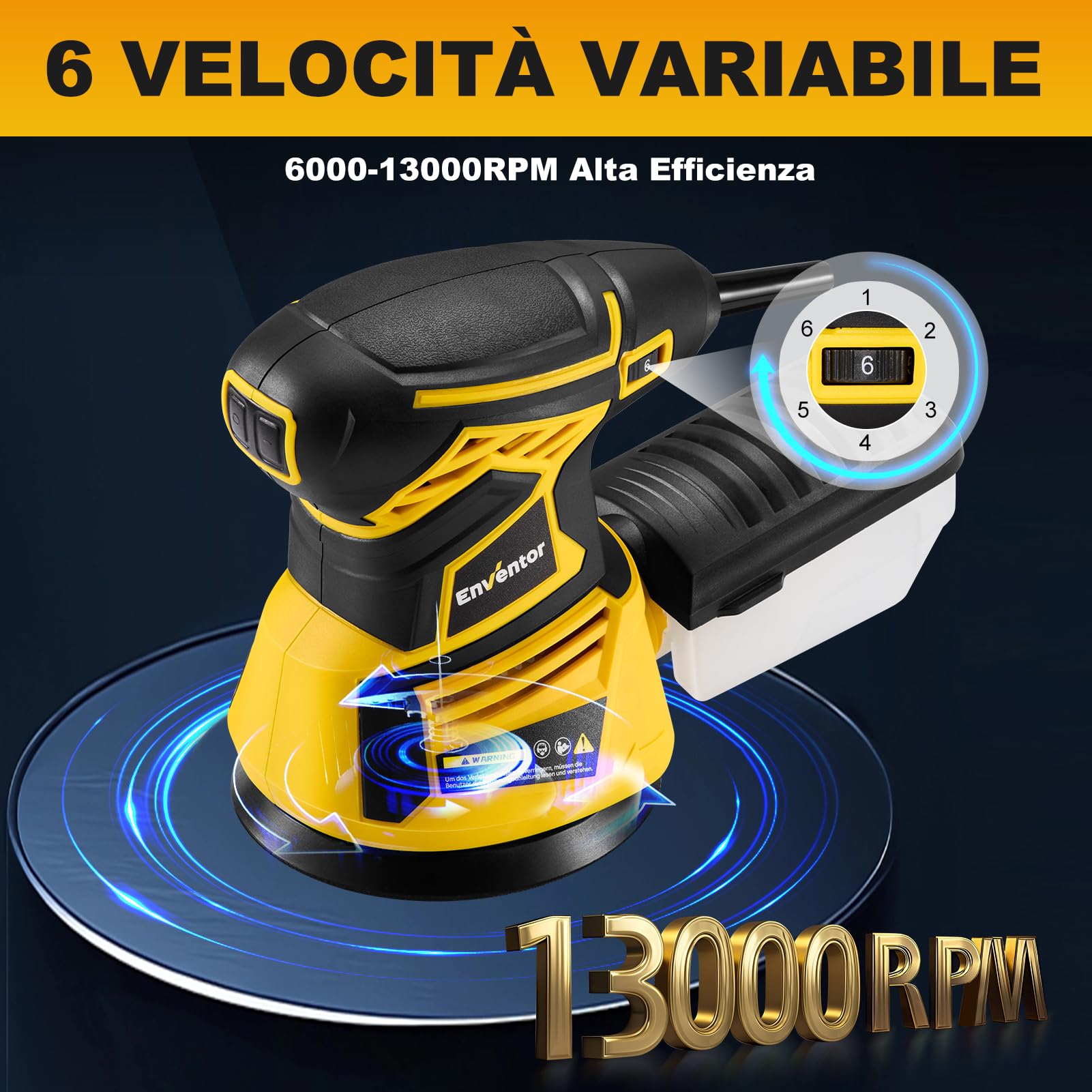 Enventor Levigatrice Orbitale 350W, Levigatrice Rotorbitale con 6 Velocità Variabile, 6000-13000RPM, 125MM, 20PCS (80, 120, 180, 240 Grane), Levigatrice per Legno, Metallo
