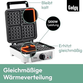 Gadgy Double Waffle Iron 1200 W for 4 Belgian Waffles White Four golden brown pieces in under 5 minutes - non-stick coating cool touch handle and vertical storage