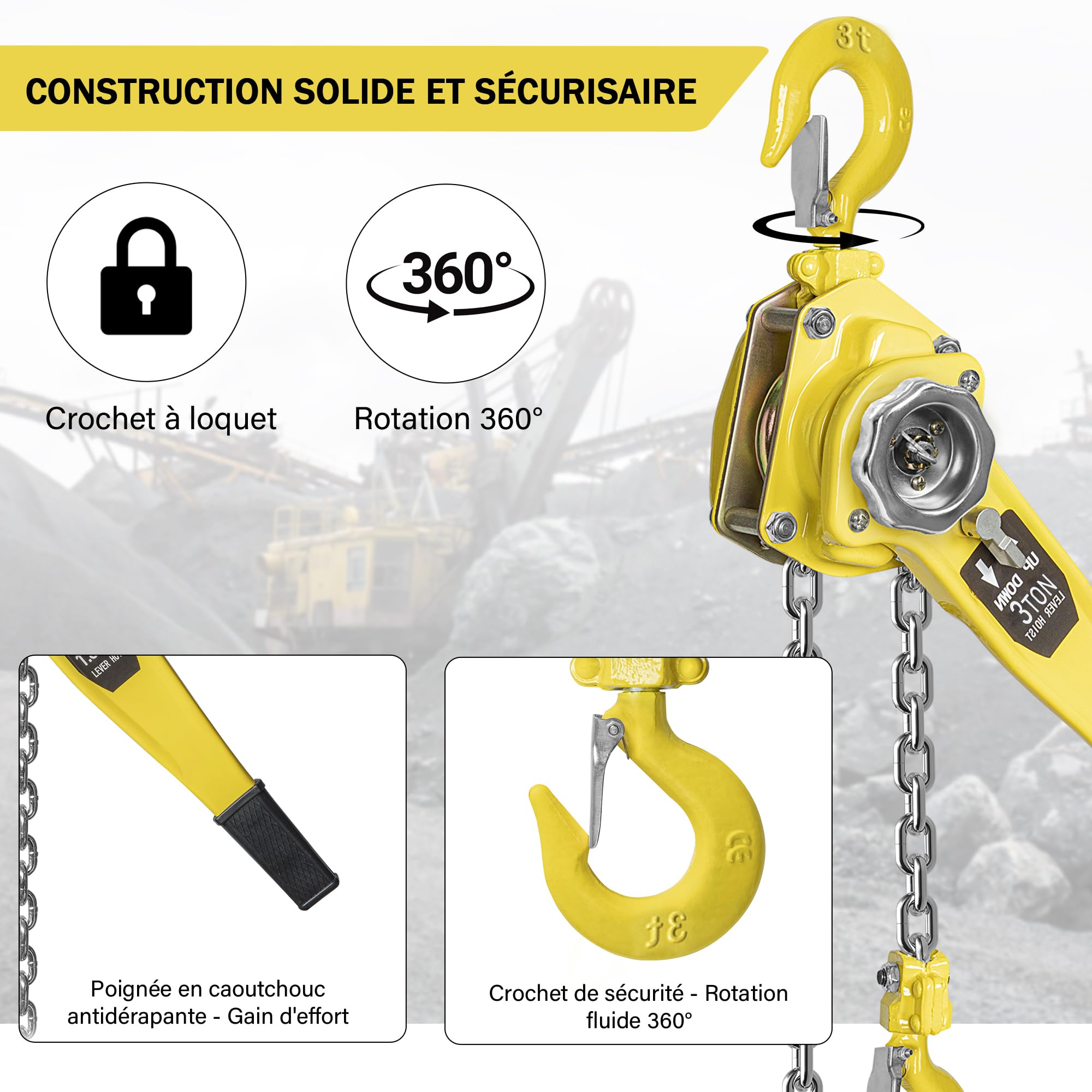 OUUTMEE Polipasto manual de cadena, 3 T polipasto de palanca manual, altura de elevación 3 m, polipasto de cadena de acero al carbono G80 con gancho para almacén, garaje y muelle de fábrica (amarillo)