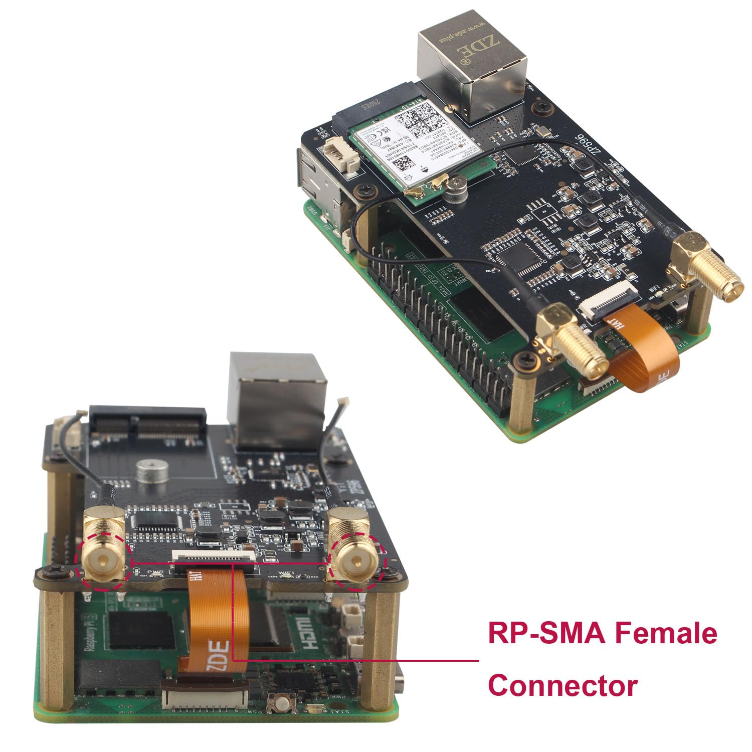 ZDE ZP596C PCIe to M.2 E Key HAT Magnetic Base Antenna WiFi7 6 6E 5 PCIe to 2.5G Ethernet Network Port HAT for Raspberry Pi 5 Support Google TPU WiFi 7 BE200 WIFI6E AX210 MT7922 WIFI6 AX200