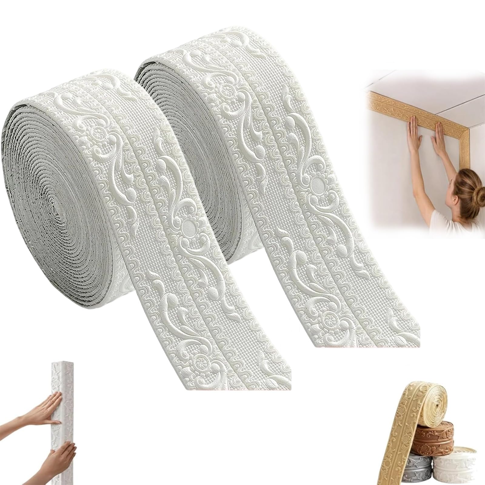 ELMVAR Self-Adhesive Vintage Decor Molding Trim, DIY Decorative Border Tape for Walls & Furniture, Foam Molding Trim Peel and Stick for Home Decor, Baseboards Ceilings (White*2)