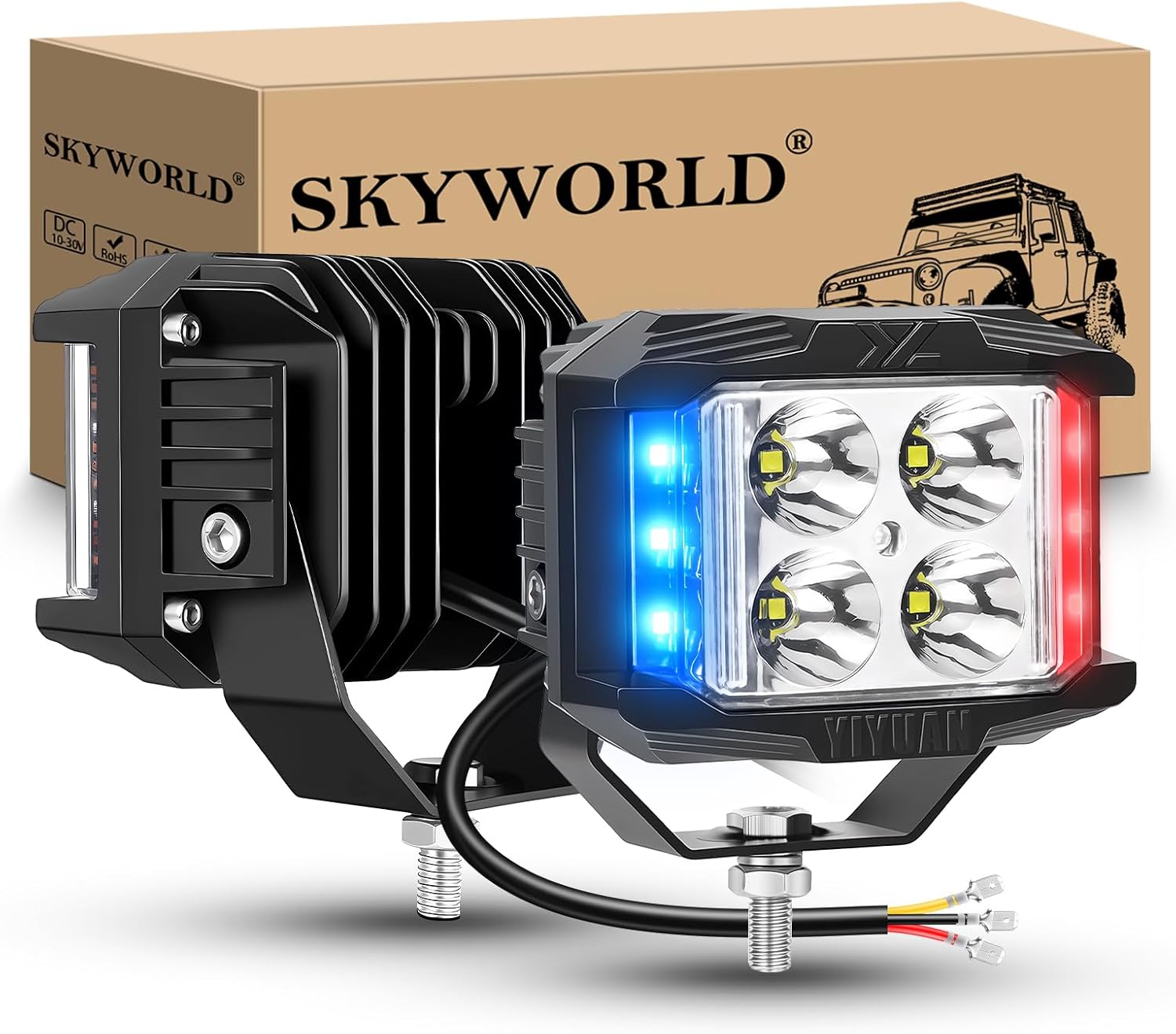 SKYWORLD 2 x Strobe Led Work Light Bar, 4 inch 35W 3500LM Side Shooter LED Pod Lights Spotlight 12V 24V Driving Fog Lights for 4x4 Car Off road Truck SUV ATV Tractor Excavator Boat, Blue, Red, White