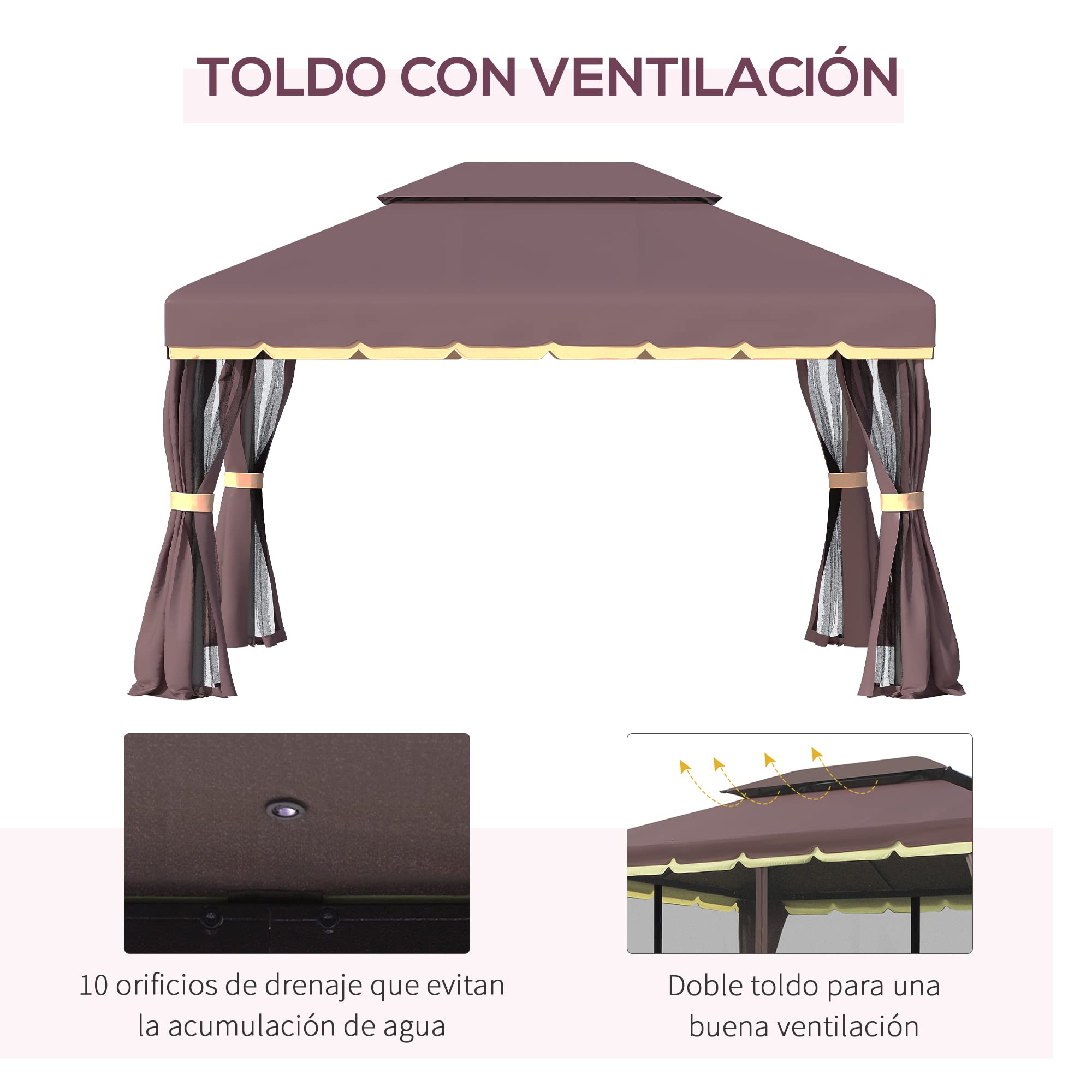 Outsunny Cenador de Jardín 4x3 m Gazebo de Aluminio con Techo de Ventilación 4 Cortinas Laterales 4 Mosquiteras y 8 Orificios de Drenaje para Fiestas Eventos Exterior Café