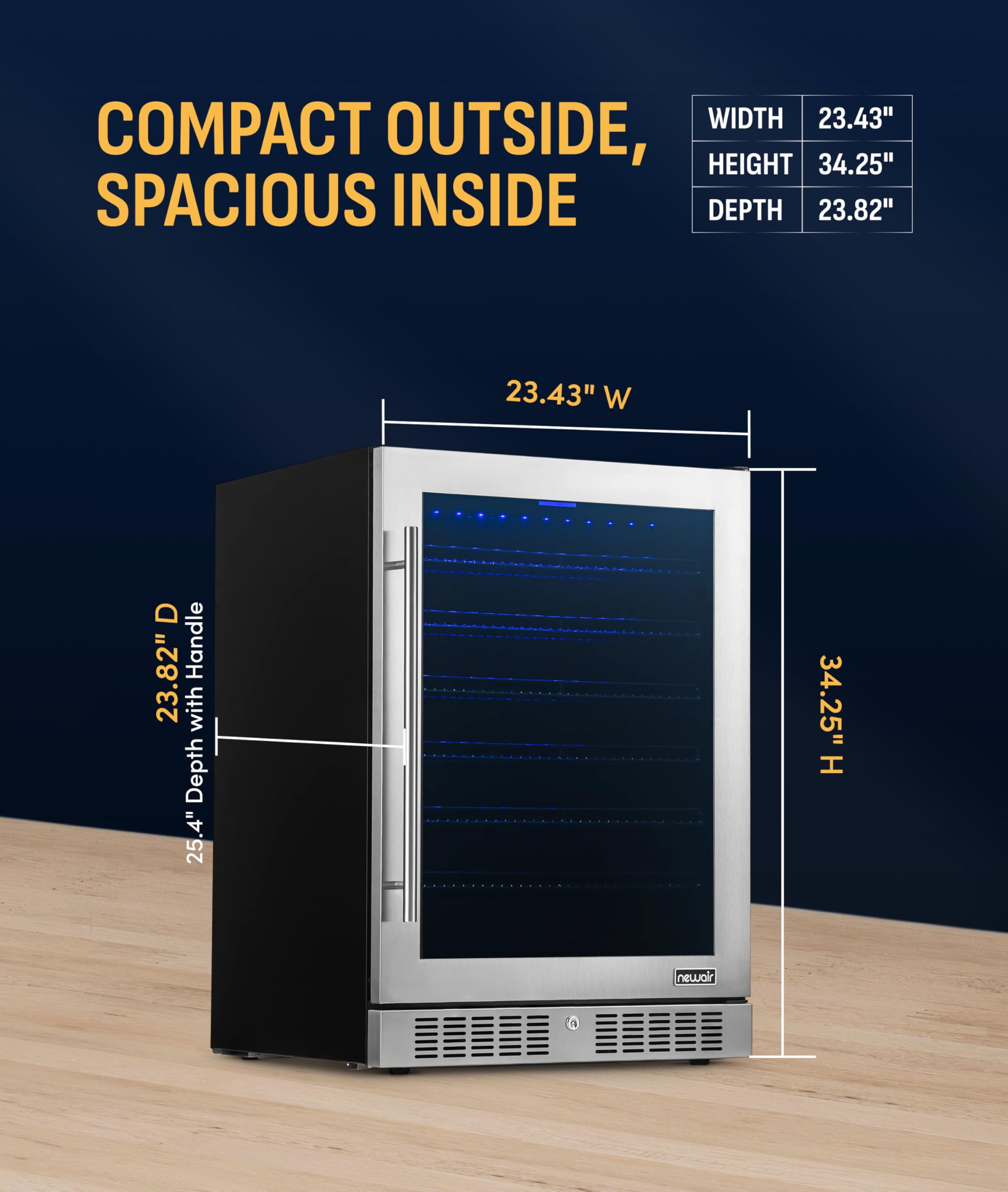 NewAir 224 Can Beverage Refrigerator | 24” Built-In Or Freestanding Mini Fridge For Bedroom, Home Bar Or Living Room | Color-Changing LED & Adjustable Shelves | Stainless Steel on Fridge.com - View 4