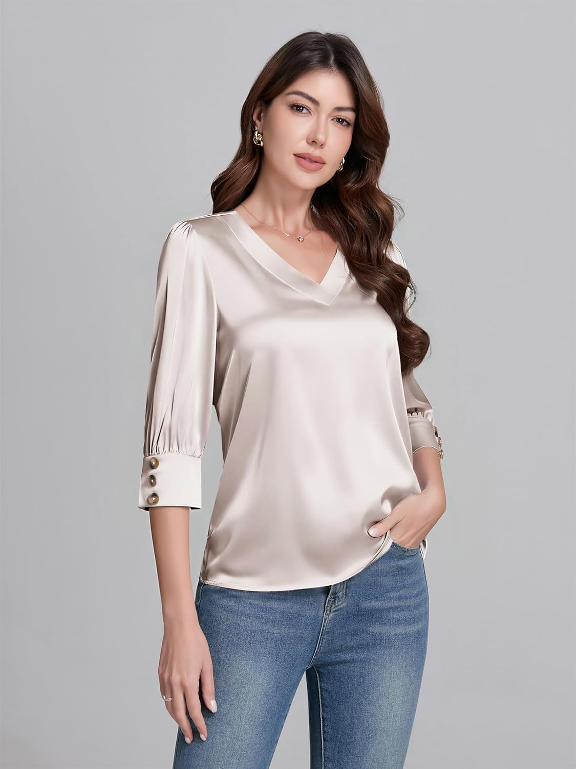3/4 Length Sleeve Womens Tops Dressy Casual Silk Satin Blouses V Neck Business Work Shirts - Image 2