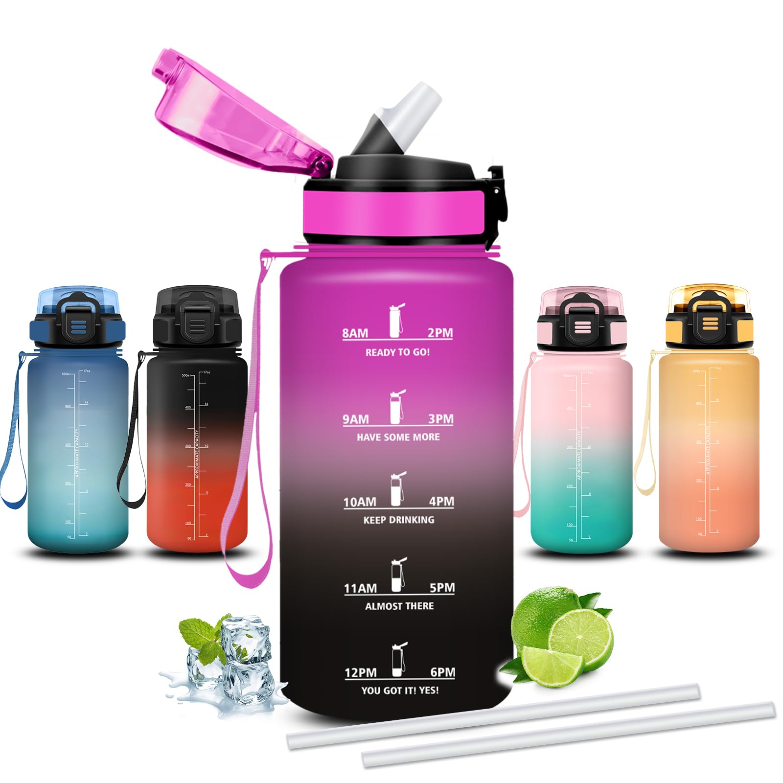 Mujigaga 500ml Kids Water Bottle with Straw Leakless Motivational Easy Clean Motivational Slogan Water Bottles for School Running Picnic