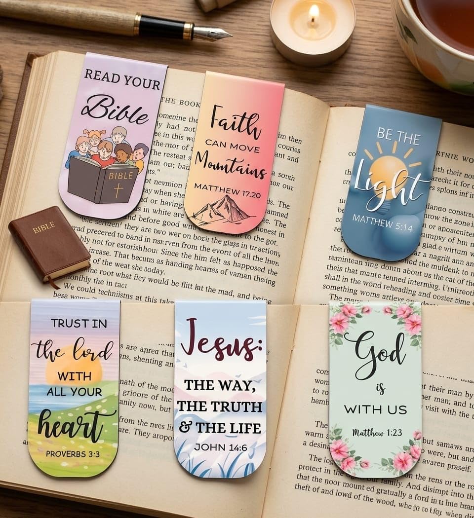 Magnetic Bookmarks with Gospel Bible Verses, Set of 6, 2 x 1 inch, Inspirational Scripture Designs-image-5