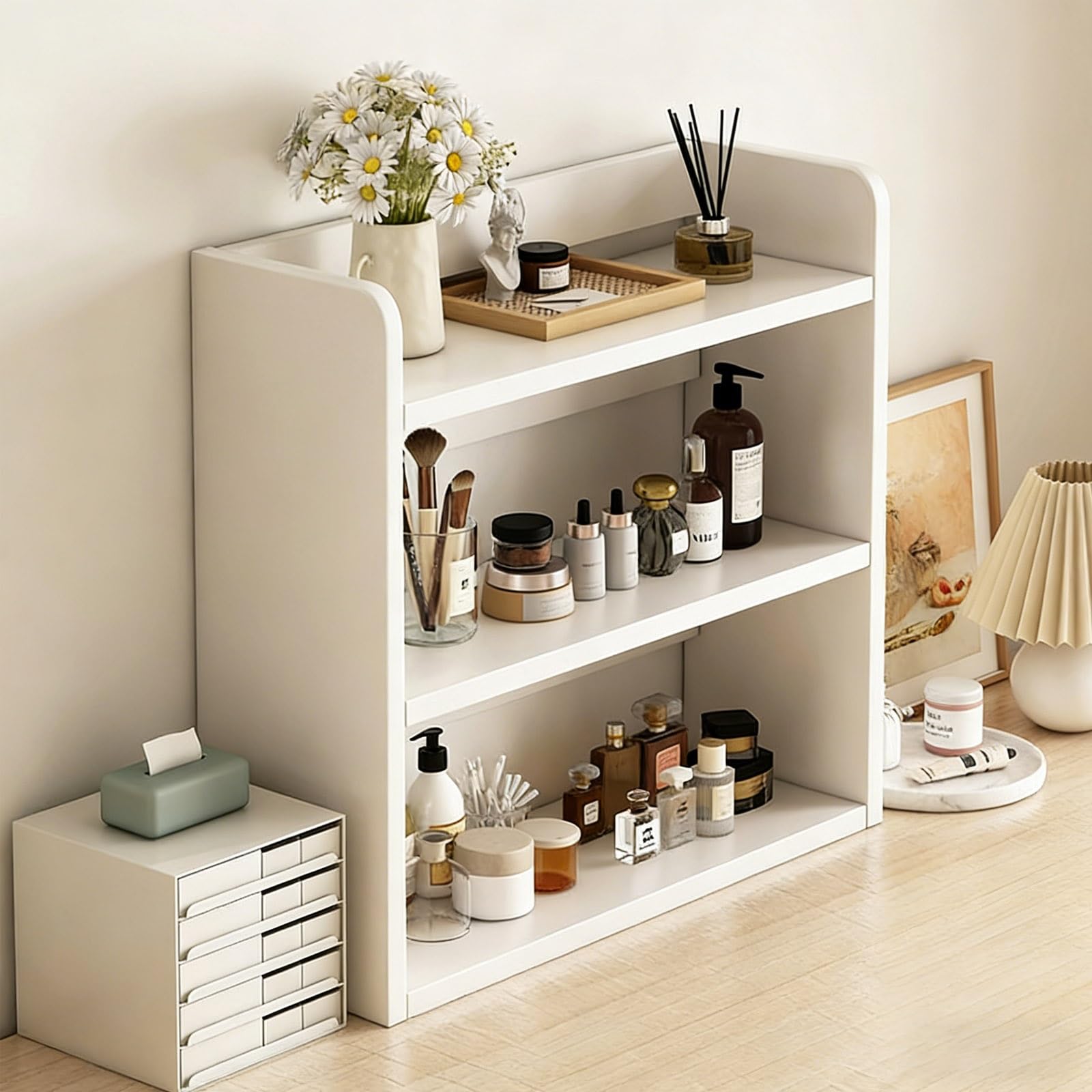 Scaffale portaoggetti da scrivania, organizer multifunzionale da tavolo per libri, cosmetici e tazze, espositore salvaspazio per scrivania e davanzale della finestra