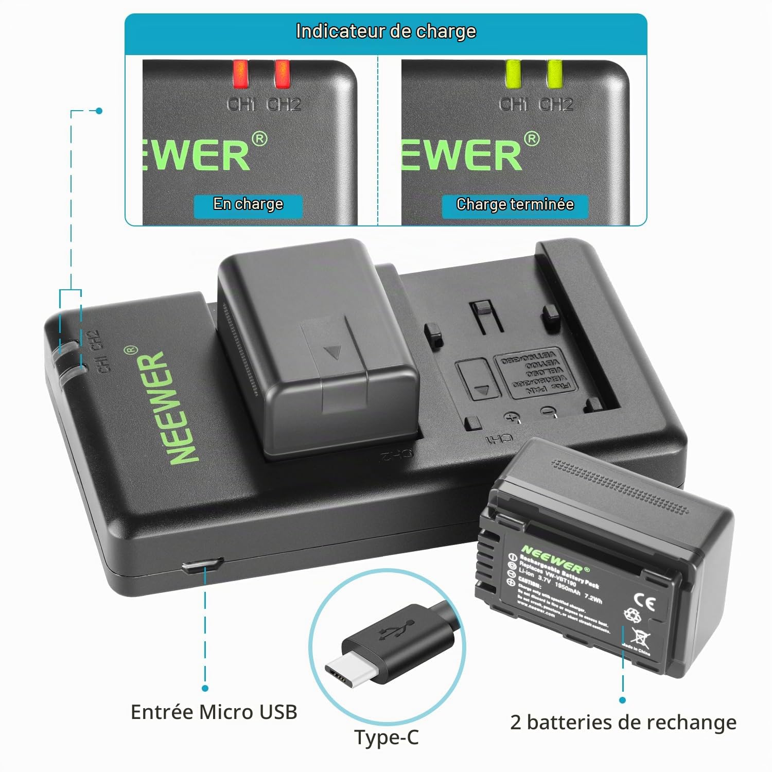 Neewer VW-VBT190 Batterie (Lot de 2/1950mAh) avec Chargeur Double USB Compatible avec Panasonic HC-V110 V130 V160 V180 HC-V201 V210 V250 HC-V380 HC-V510 V520 V550 HC-V710 V720 V750 V770 HC-VX870