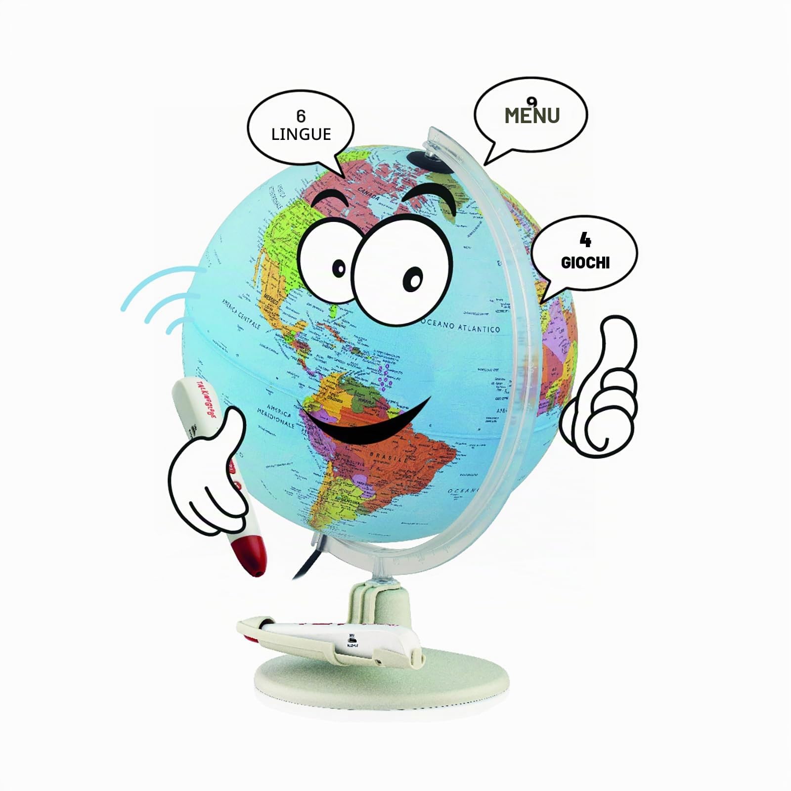 Tecnodidattica - Parlamondo | Globo interattivo per bambini e giovani | Palloncino luminoso e rotante | Penna musicale con audio | 6 lingue | Cartografia politica | Diametro 30 cm
