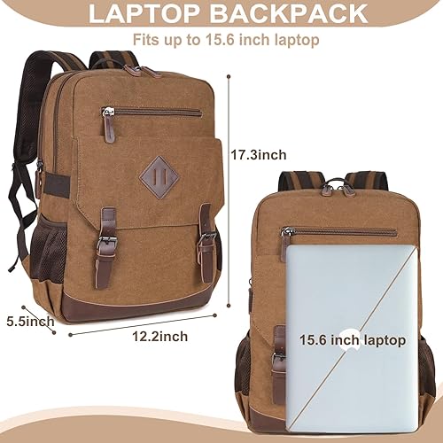 Miniatura 10 de Mochila vintage de lona para laptop para mujeres y hombres, bolsa universitaria para portátiles de 15.6 pulgadas, Café, Mochila vintage para portátil