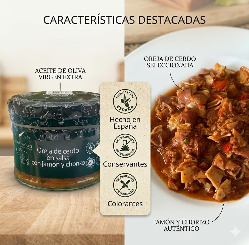 Oreja de Cerdo en Salsa con Jamón y Chorizo Conservas Premium, Receta Tradicional Artesana, Plato Preparado Calentar y Servir, Sin Gluten, Sin Conservantes, Pack de 8 x 430g