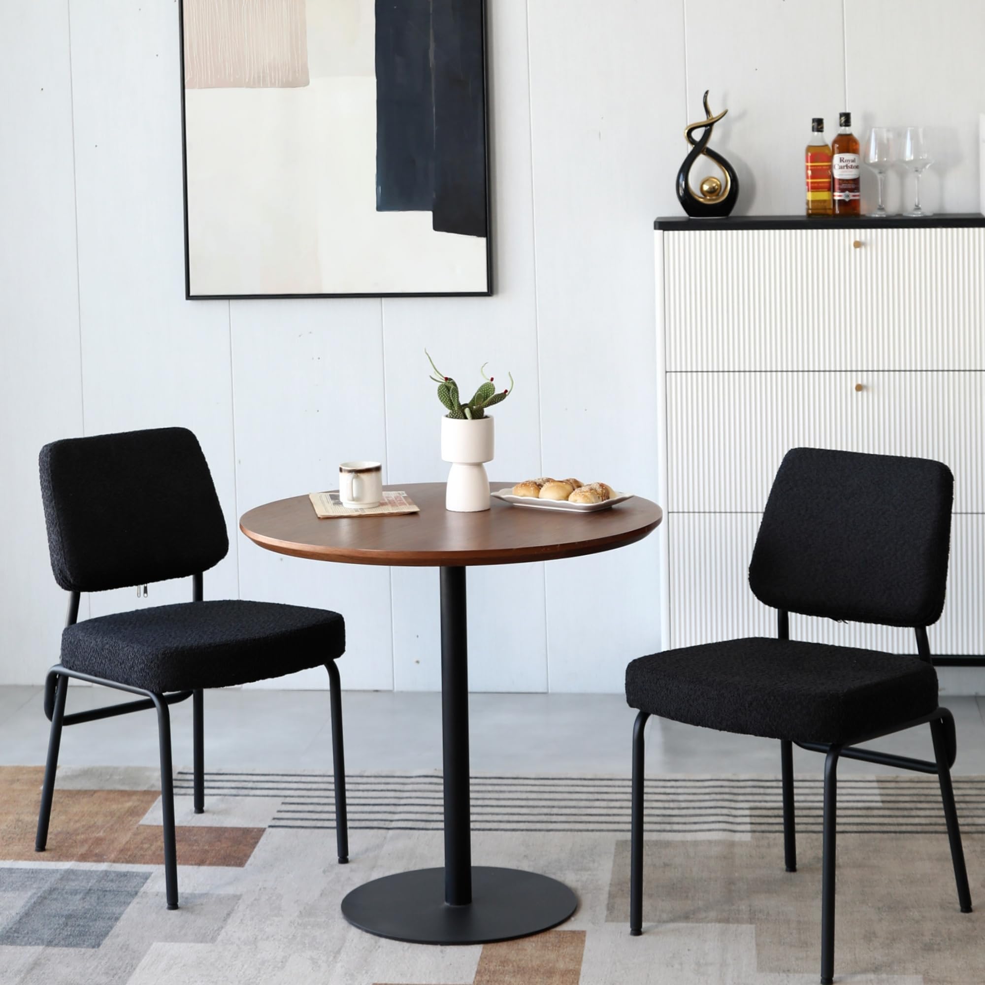 DYHOMEBlack Dining Room Chairs Set of 2, Mid Century Modern Kitchen Dining Chairs, Upholstered Metal Boucle Dining Chairs with Thicken Seat Cushion