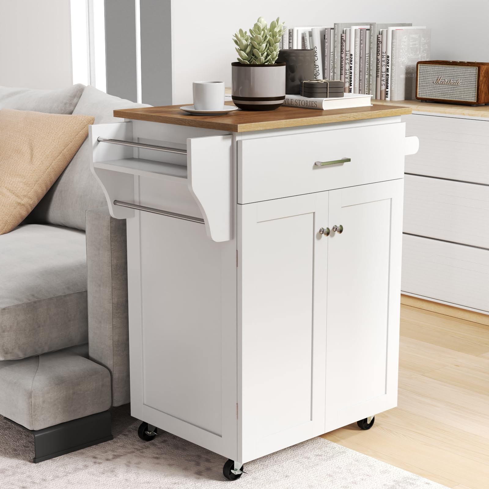 GIANTEX Carrello da cucina con piano di lavoro, carrello da portata con ruote, armadio da cucina con cassetto e ripiano regolabile, carrello da cucina con portasciugamani, mobile da cucina, in legno