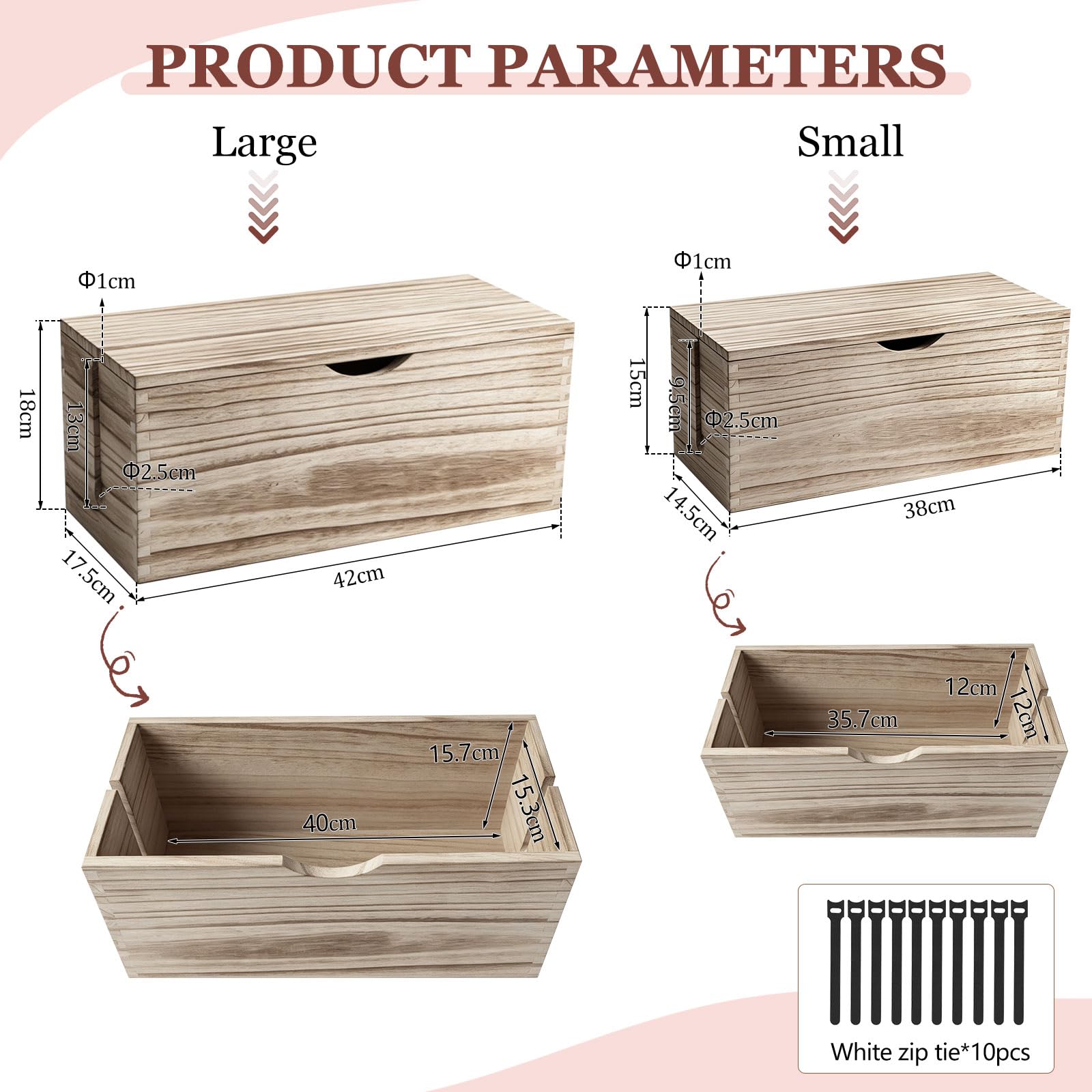 2 PCS Scatola Porta Cavi Legno, Nascondi Cavi Scrivania, Cable Management Box With Lid, Organizer Cavi Elettrici, Grande e Piccola, con Fascette, Marrone, per Ufficio e la Casa