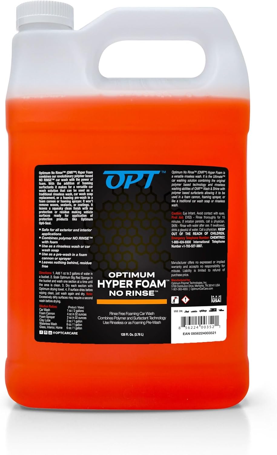 Optimum Hyper Foam ONR Rinseless Foaming Car Wash Soap – Spray-on, Agitate, No Rinse, and Dry – Rinseless Car Wash with Foam and Polymers (1 Gallon)