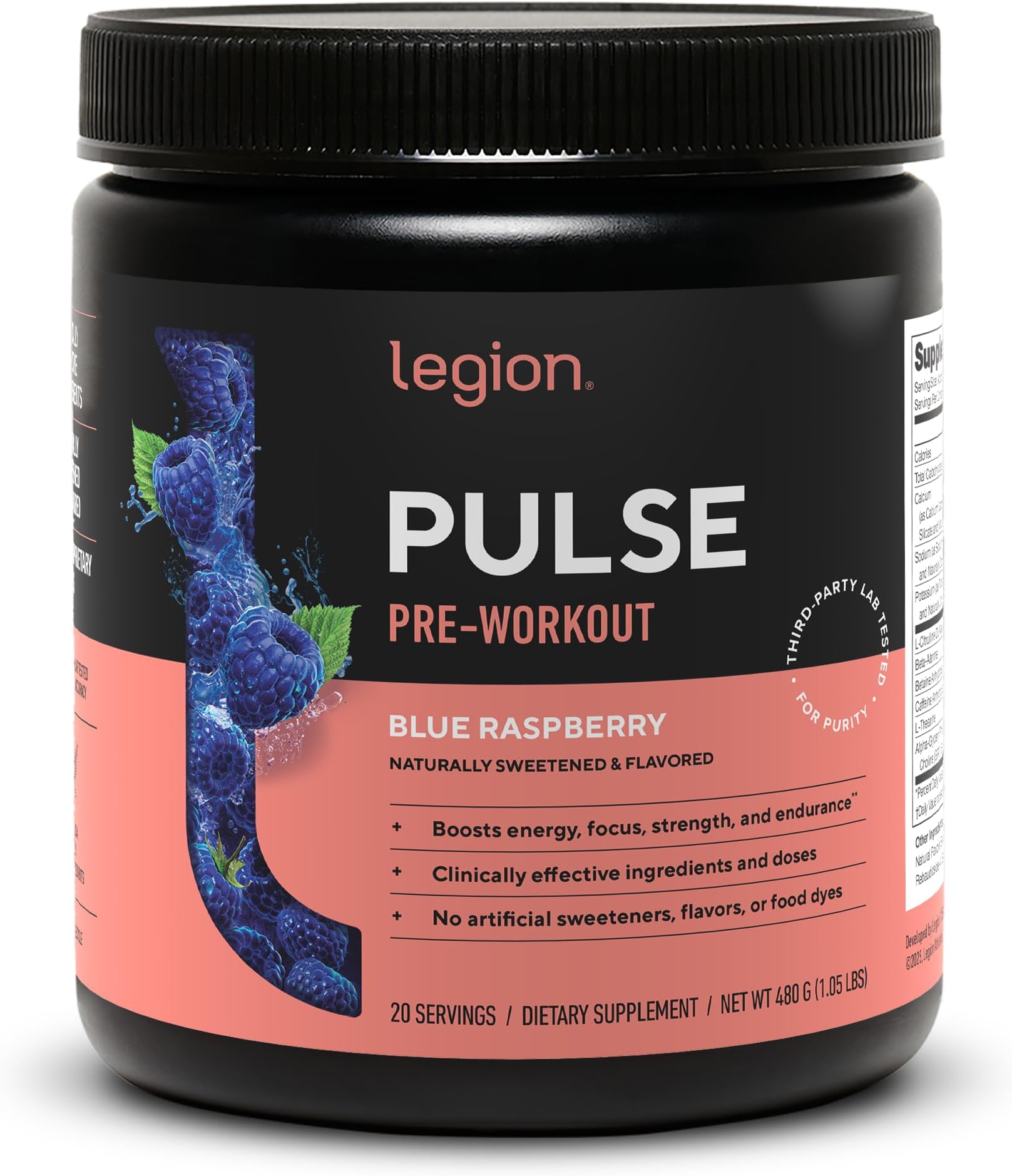 LEGION Pulse Pre Workout - All Natural Nitric Oxide Preworkout Drink to Boost Energy, Creatine Free, Naturally Sweetened, Beta Alanine, Citrulline, Alpha GPC (Blue Raspberry)