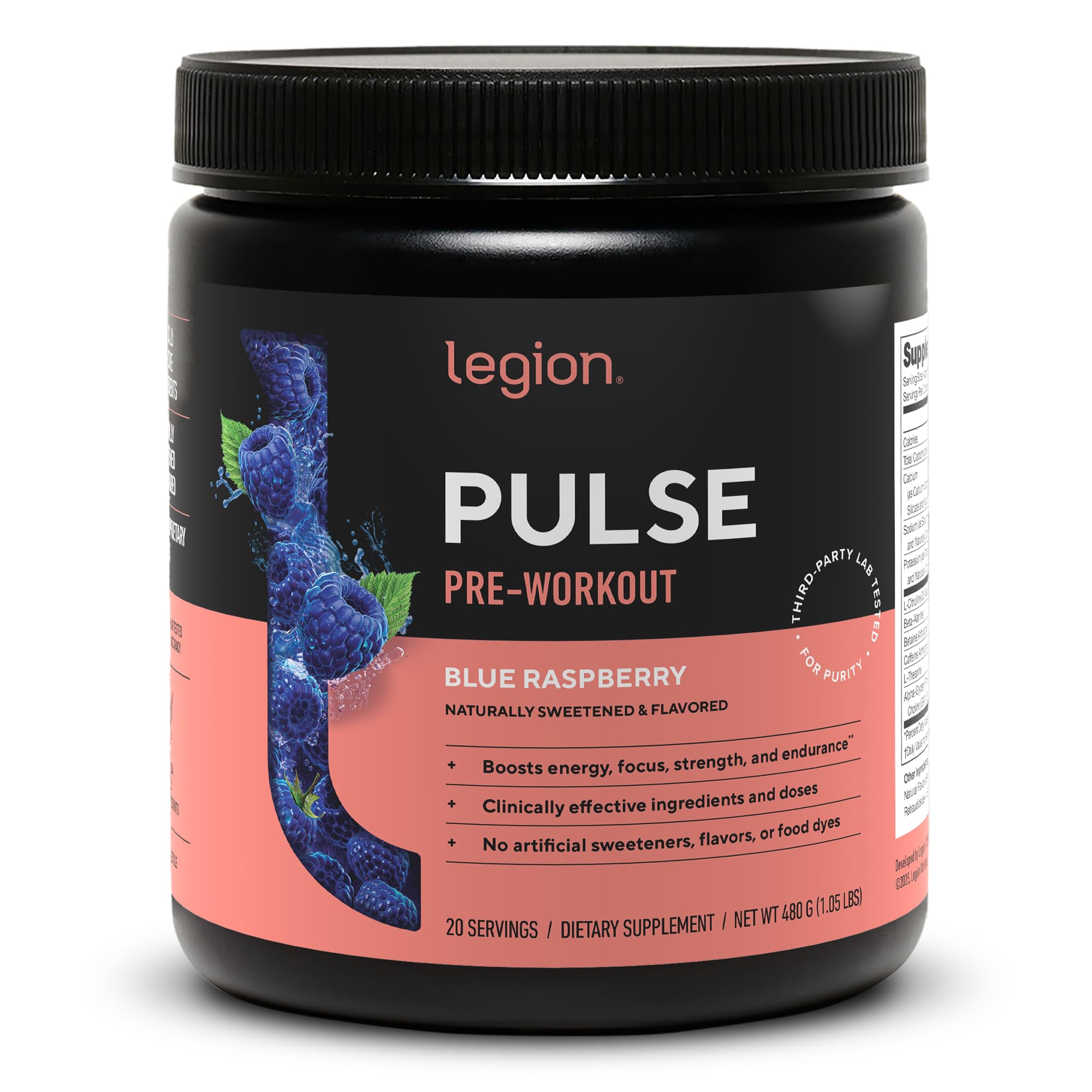 LEGION Pulse Pre Workout - All Natural Nitric Oxide Preworkout Drink to Boost Energy, Creatine Free, Naturally Sweetened, Beta Alanine, Citrulline, Alpha GPC (Blue Raspberry)