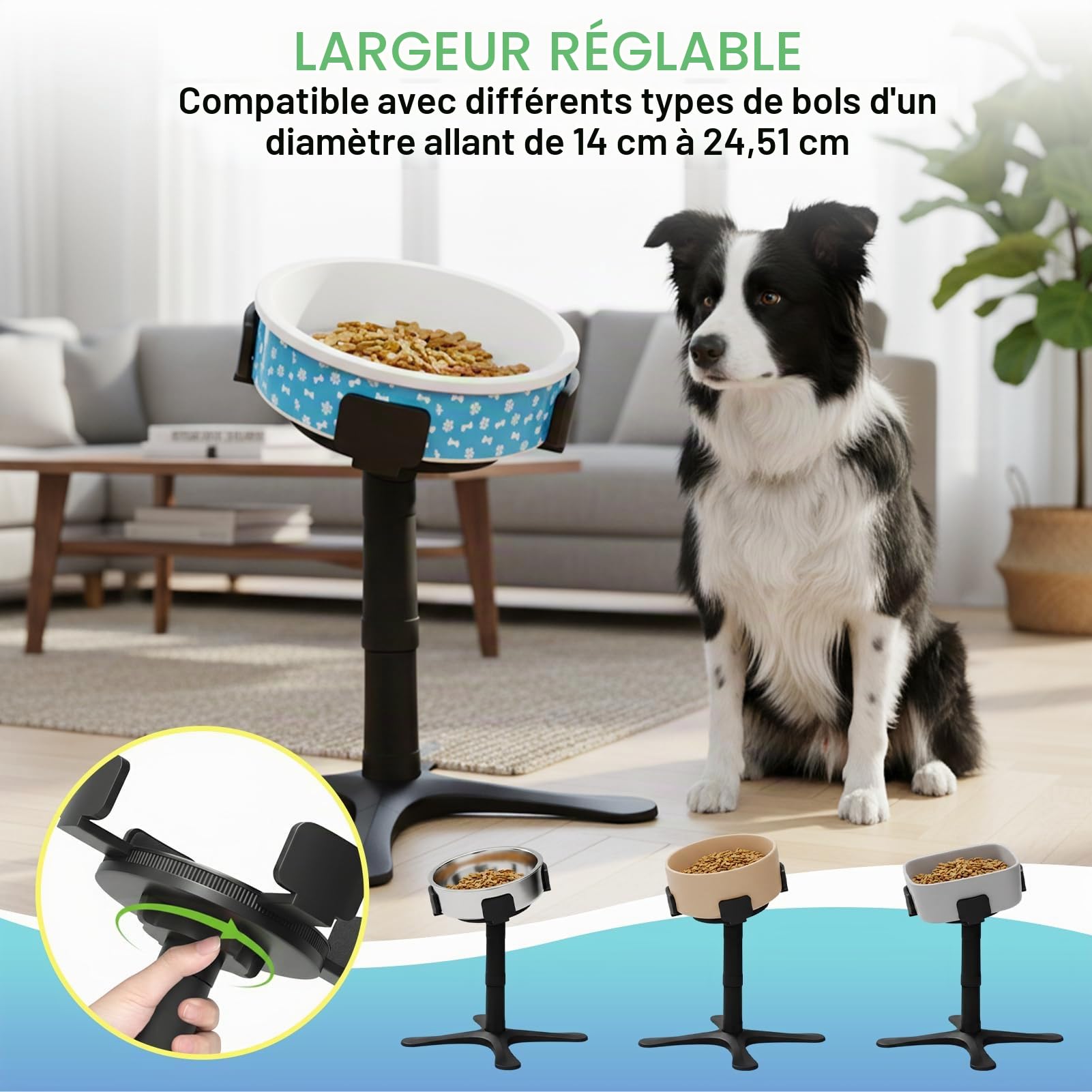 Gamelle Chien Surélevée avec 3 Hauteurs Réglables (14/24/33 cm),Support de Gamelle Inclinable 15° pour Petits, Moyens et Grands Chiens – Largeur Ajustable Universelle,Ergonomique et Stable.