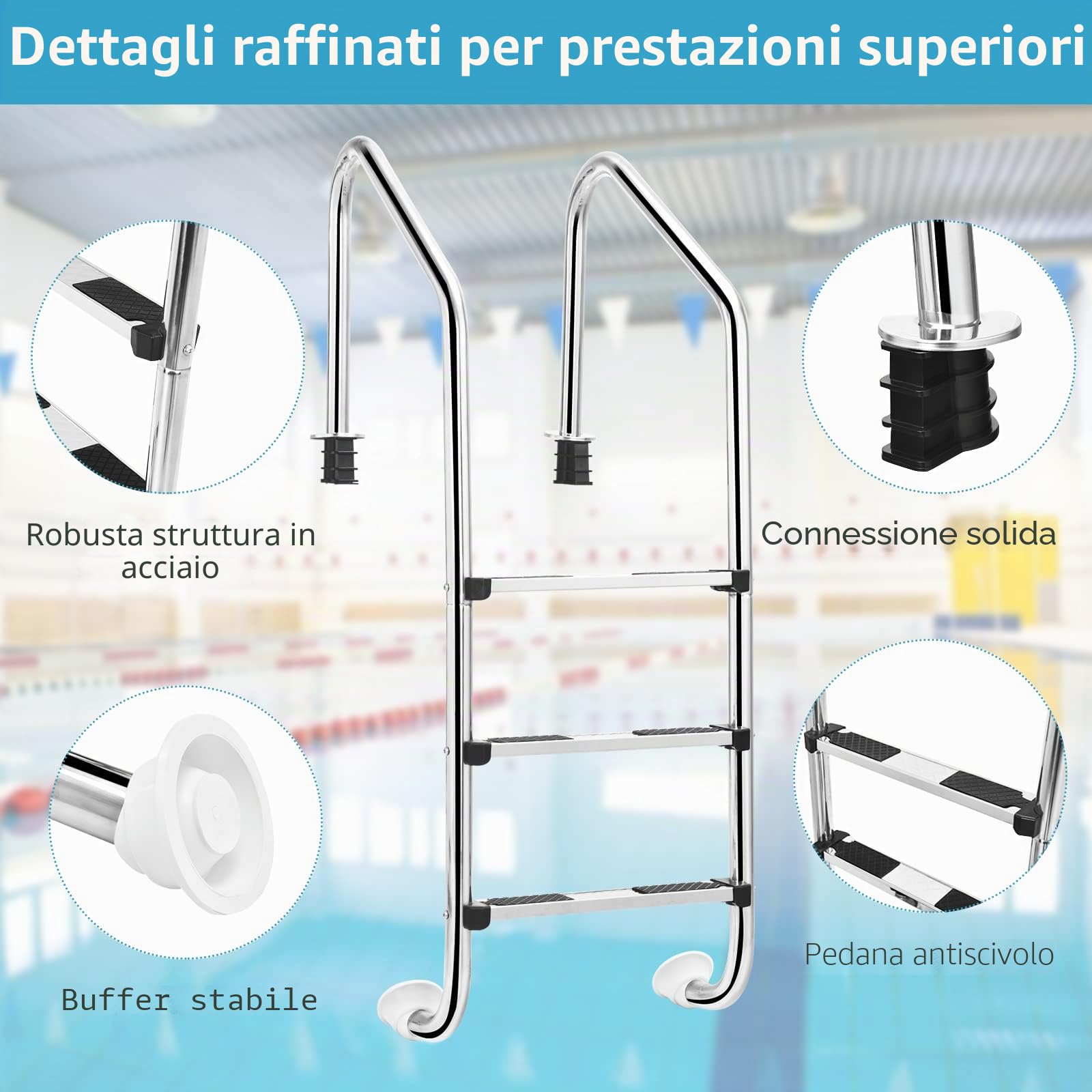 LIFEZEAL Scala per piscina a 3 gradini in acciaio inox, scala da piscina a forma di U con gradini antiscivolo e comode mani correnti, ideale per piscina, spa, parco