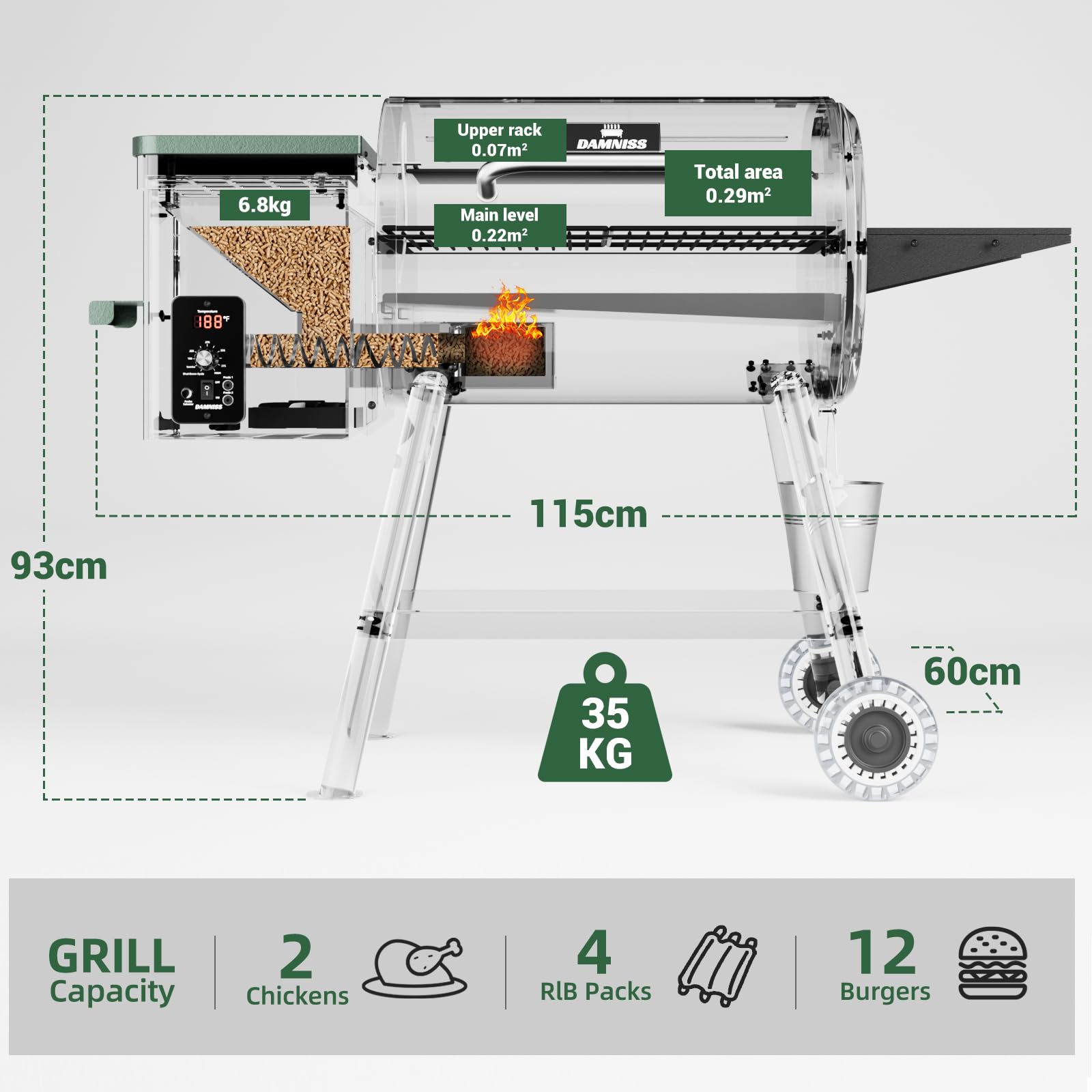 DAMNISS Holzpellet-Smoker & Grill, 0.29㎡ Kochbereich mit PID-Temperaturregelung (82.2-230.2 °C) Barbecue Elektrische Outdoor-Grills & Smoker, Terrasse, Hinterhof, Camping, für Fleisch, Braten (XL)