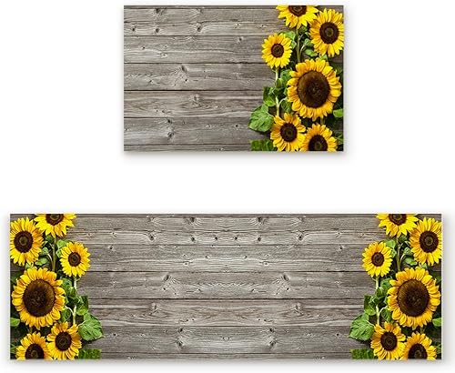 Juego de 2 tapetes de cocina de cocina, girasoles amarillos sobre tabla de madera, suaves, impermeables, antideslizantes, parte trasera de goma,