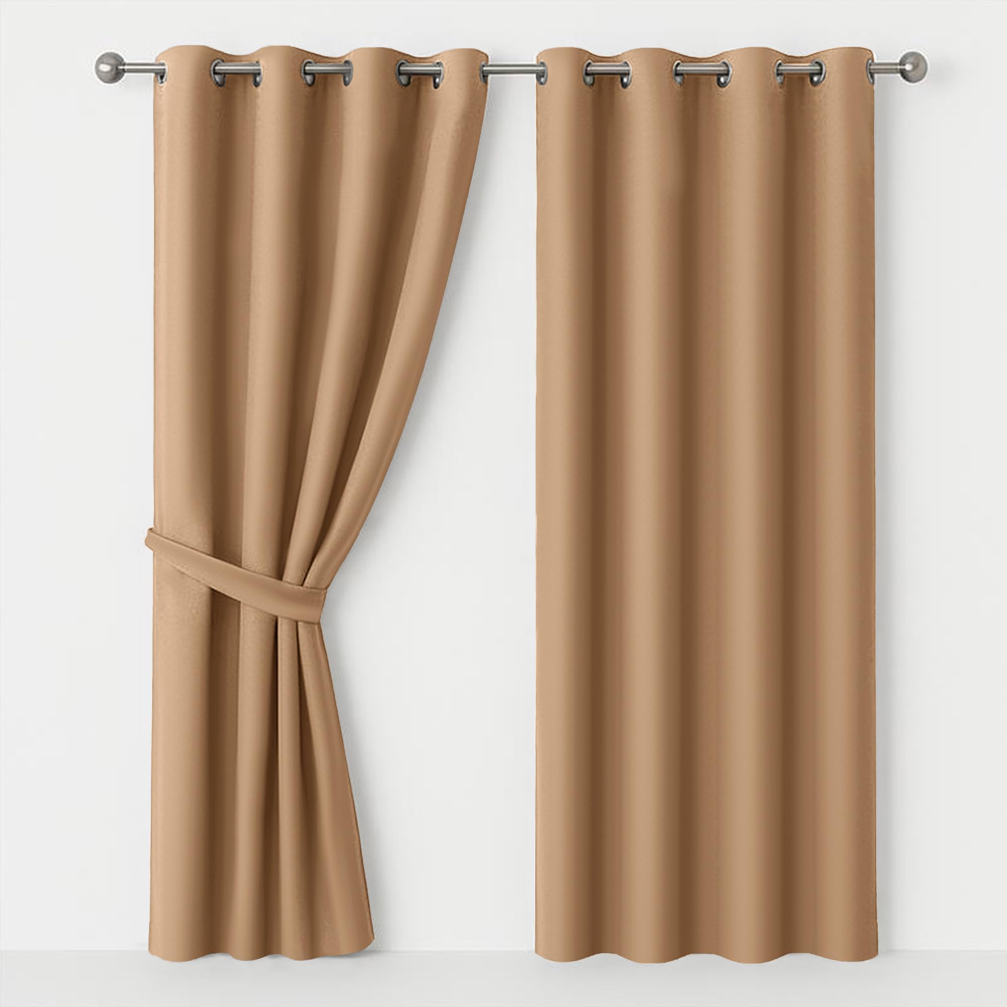 Ameha Beige Eyelet Blackout Curtains For Living Room Curtains Bedroom 66X90 Inch Soft Luxury Curtain With Tiebacks 2 Panels