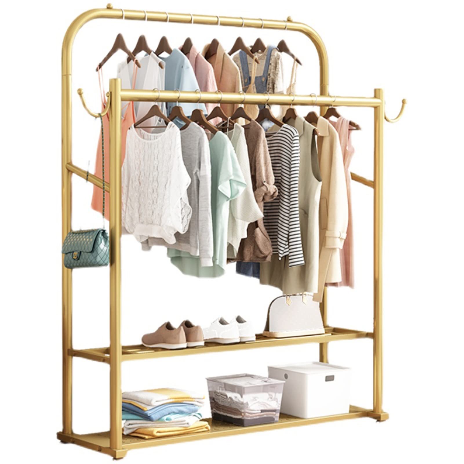 Porte-vêtements métal doré double tige 150x40x150 cm avec étagères