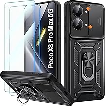 Yohii Funda para Xiaomi Poco X8 Pro MAX 5G con 2 Protector de Pantalla y Cubierta De Cámara Deslizante, 360 Anillo Soporte PC y Silicona TPU Bumper Antiarañazo Case para Poco X8 Pro MAX, Negro