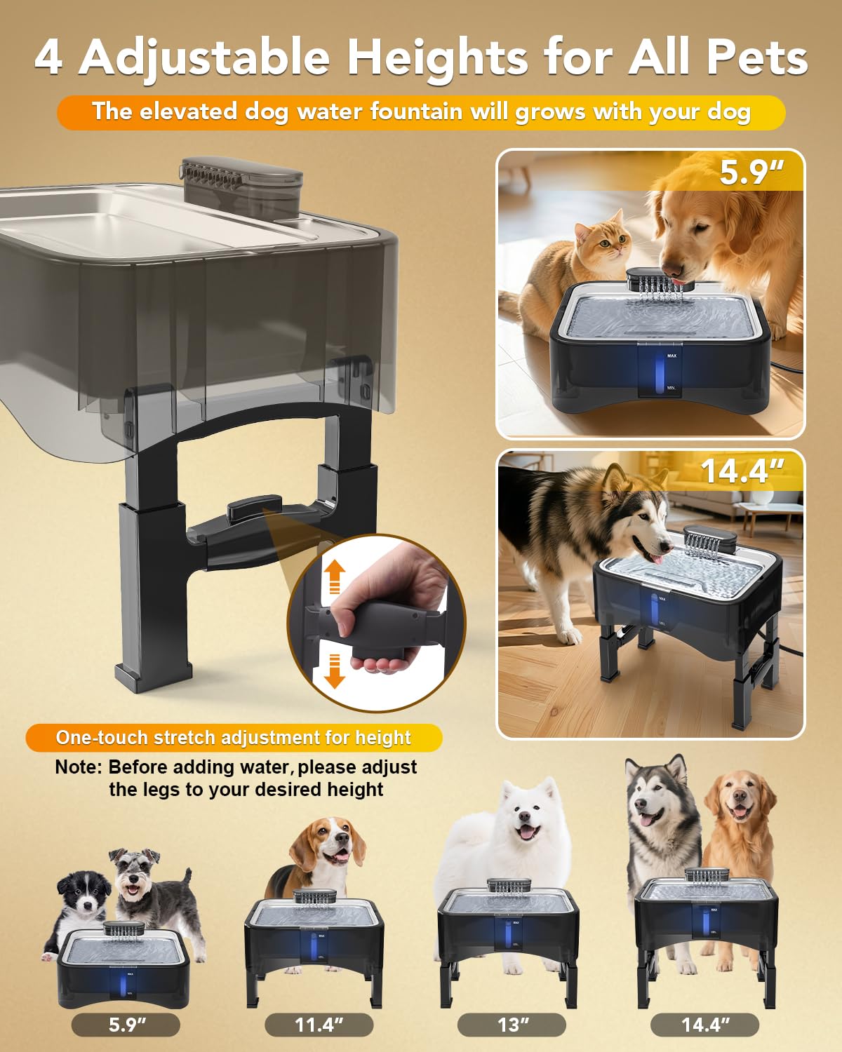 UPSKY 2.25Gal Elevated Dog Water Fountain, 4 Heights Adjustable Pet Fountain for All Dog Sizes, 304 Stainless Steel Tray Indoor Cat Drinking Dispenser with Ultra-Quiet Pump & 2 Replacement Filters - image 3